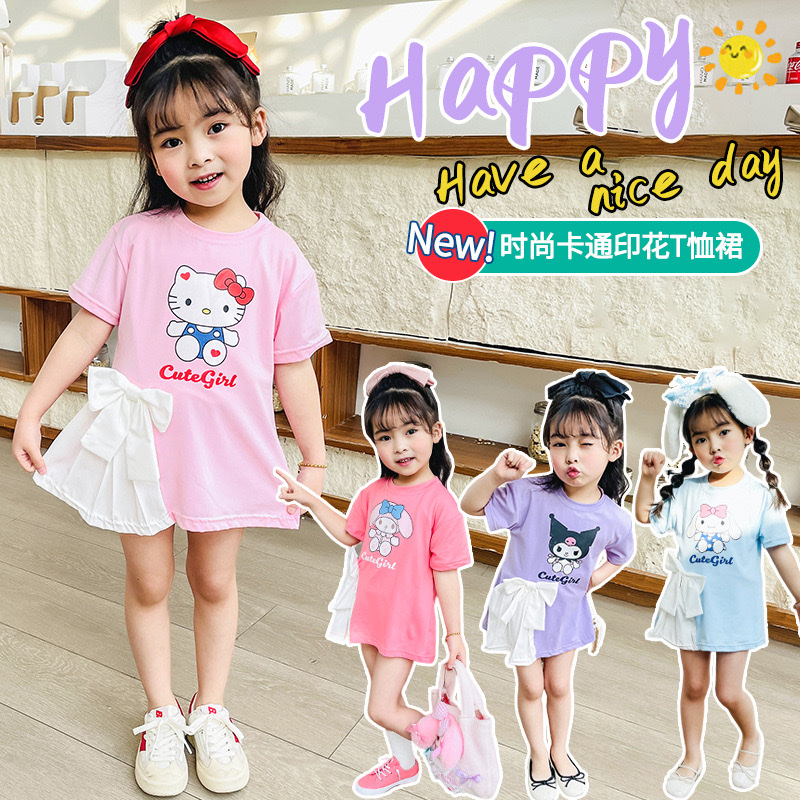 Váy bé gái,đầm,áo váy bé gái đính nơ hoạ tiết in hình dễ thương cho bé