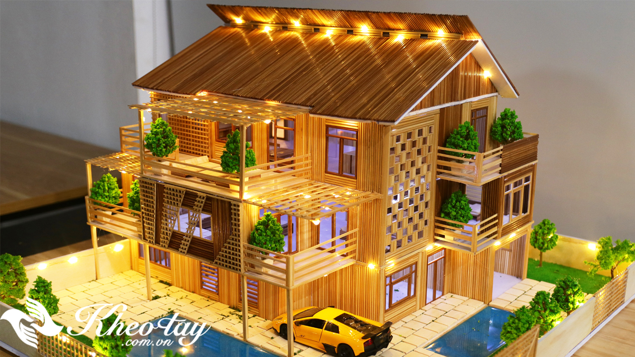 Bộ KIT làm nhà tăm tre hiện đại 3 tầng gắn LED - Chính hãng Khéo tay