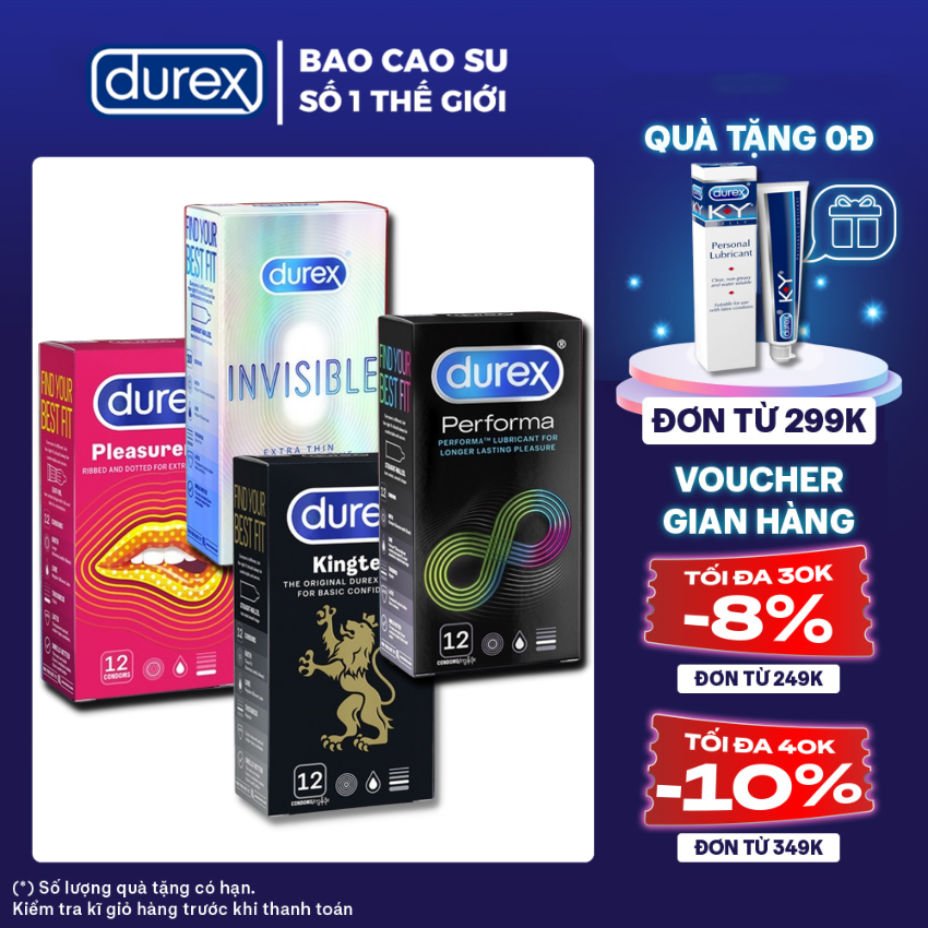 (4 hộp) bao cao su durex pleasuremax gân gai + performa kéo dài  + kingtex size cỡ nhỏ + invisible cực siêu mỏng