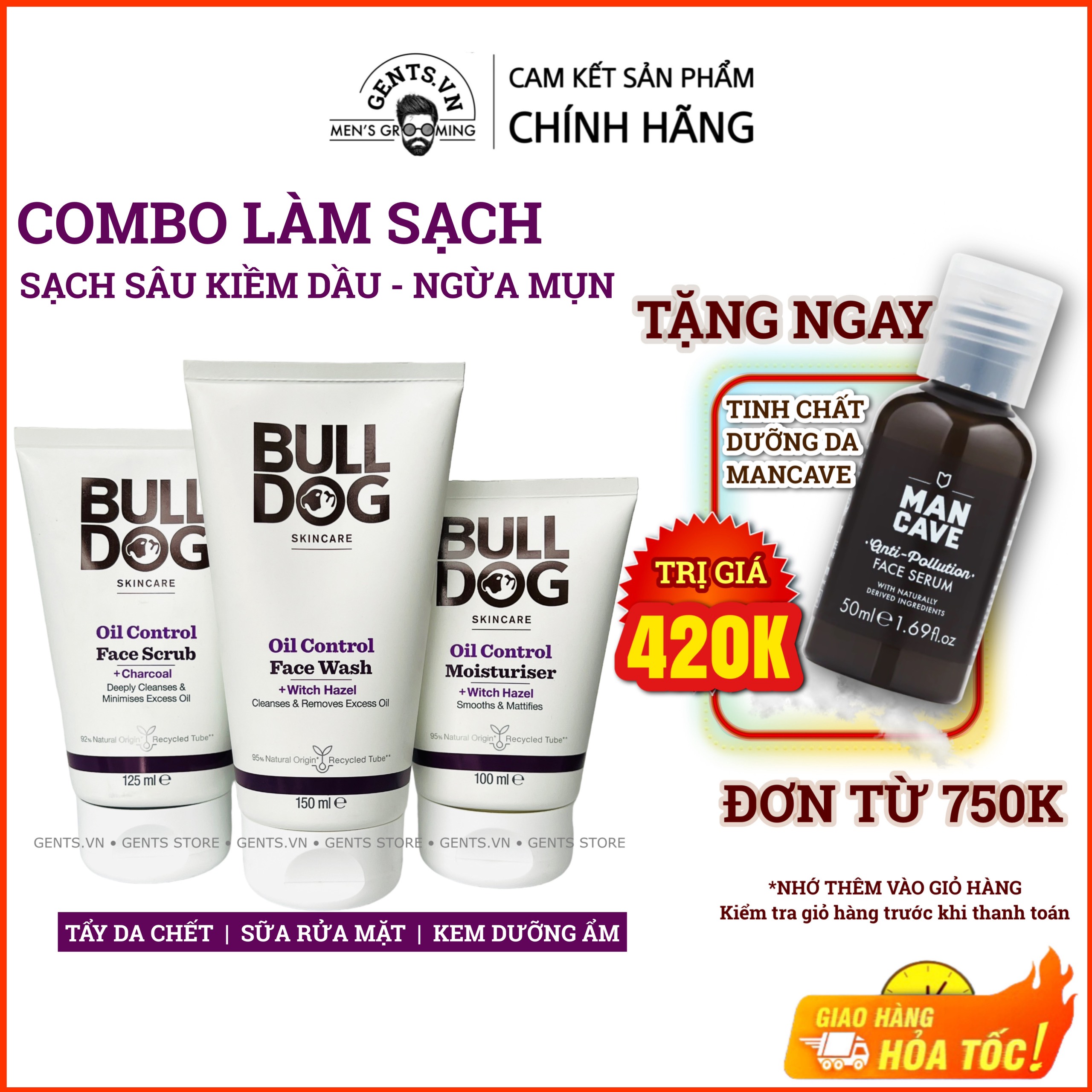 Bộ chăm sóc da dầu mụn toàn diện cho nam Bulldog Skincare Oil Control gồm sữa rửa mặt, tẩy tế bào chết và kem dưỡng ẩm