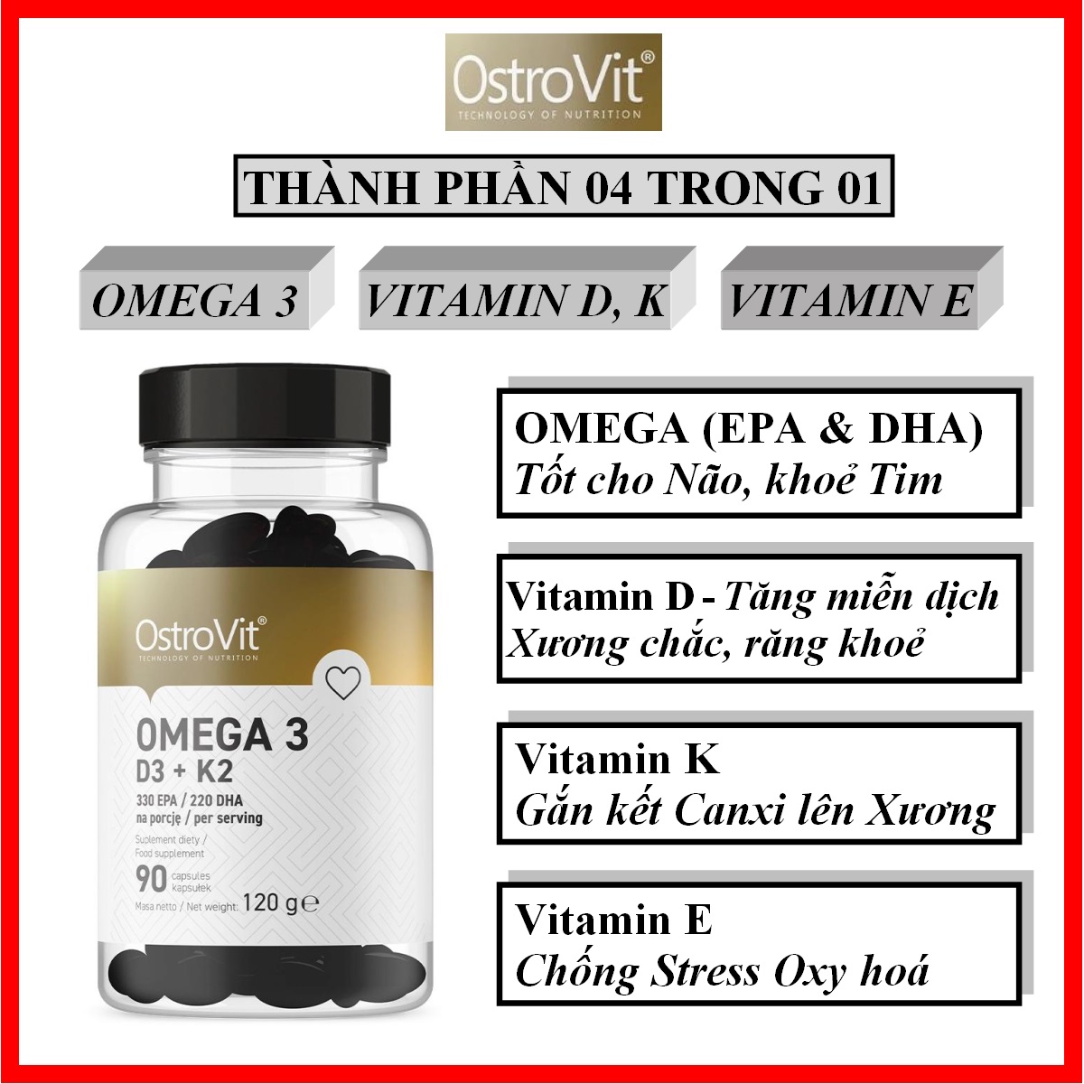 Combo Ostrovit Omega 3 D3 K2 90 Capsules – Bổ sung Acid béo cần thiết, Vitamin D, K, E, tốt cho Tim, não, chắc xương