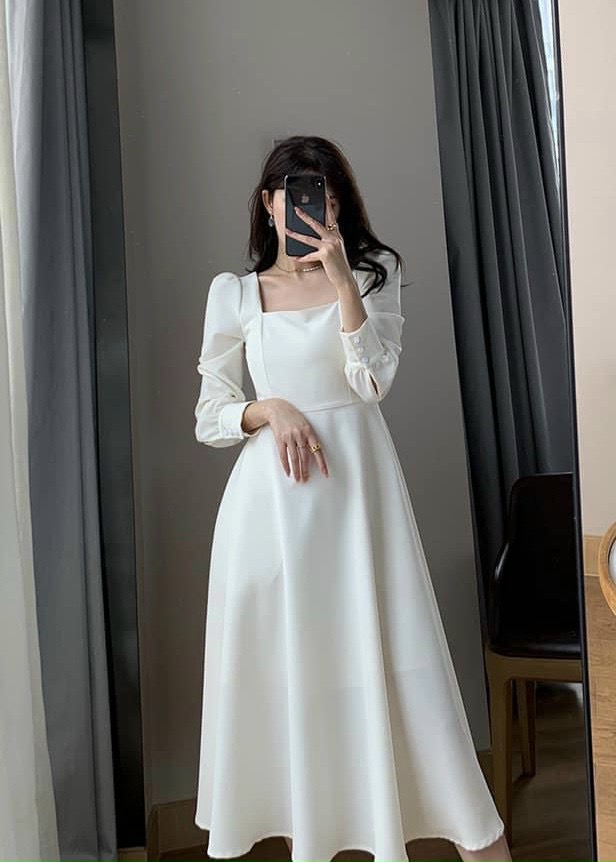 Đầm xòe midi cổ vuông tay dài nút bọc 3 màu - dx0080