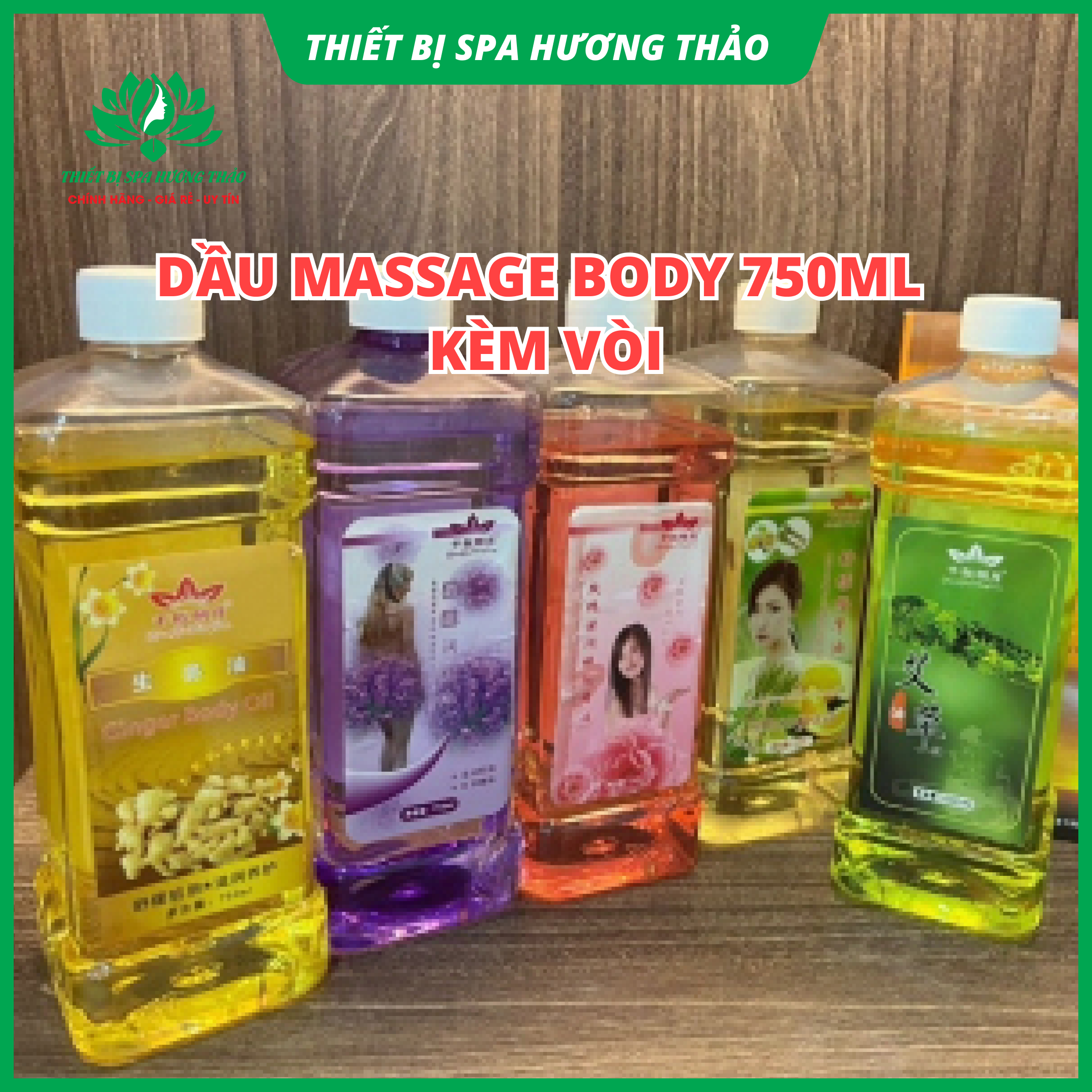 Tinh dầu Massage Body 750ml (Gừng, Ngải, Lavender, Hoa hồng, Xả Chanh) kèm vòi