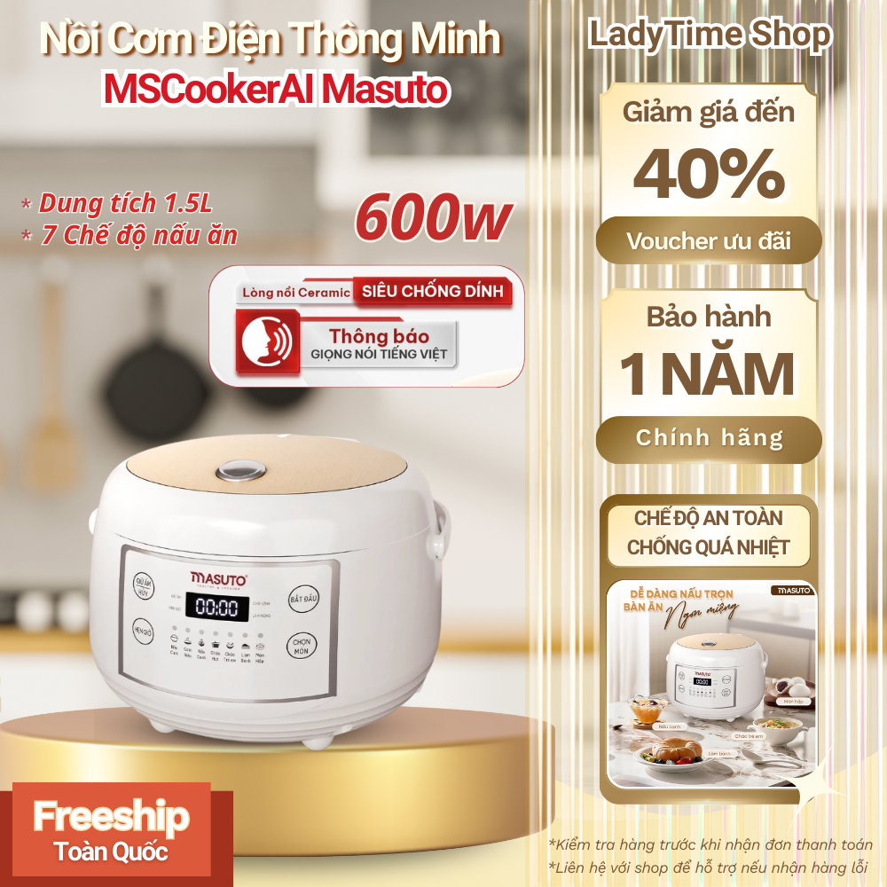 Nồi Cơm Điện Tử Thông Minh MSCookerAI Masuto 1.5L Công Suất 600W Có Giọng Nói Tiếng Việt 7 Chế Độ Nấu Ăn Lòng Nồi Ceramic Chống Dính Cao Cấp