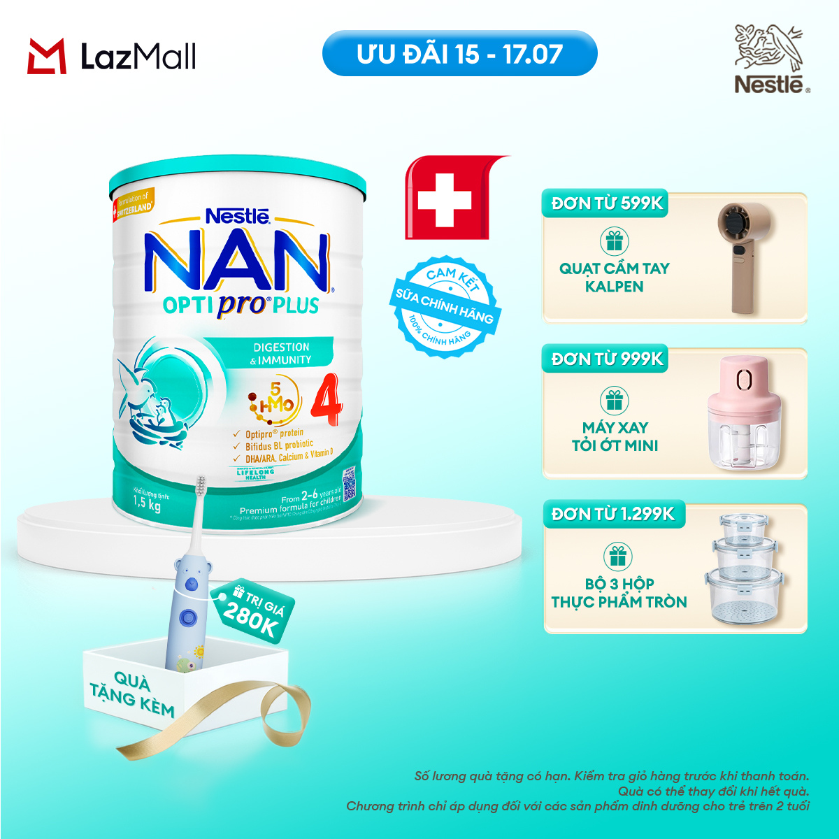 [CHỈ 15-17.07 QT ĐƠN 599K/999K/1299K][Tặng bàn chải điện] Sữa bột Nestlé NAN OPTIPRO PLUS 4 1500g/lon với 5HMO Giúp tiêu hóa tốt