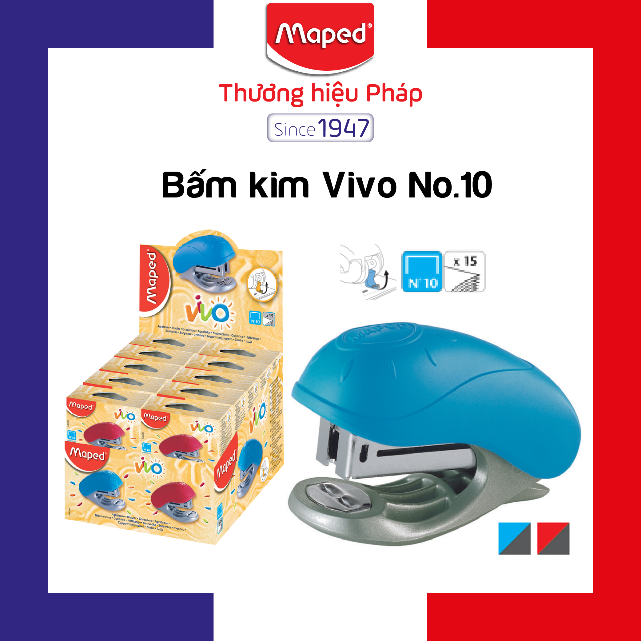 Maped - bấm kim vivo no.10 xanh/đỏ - 1 cái