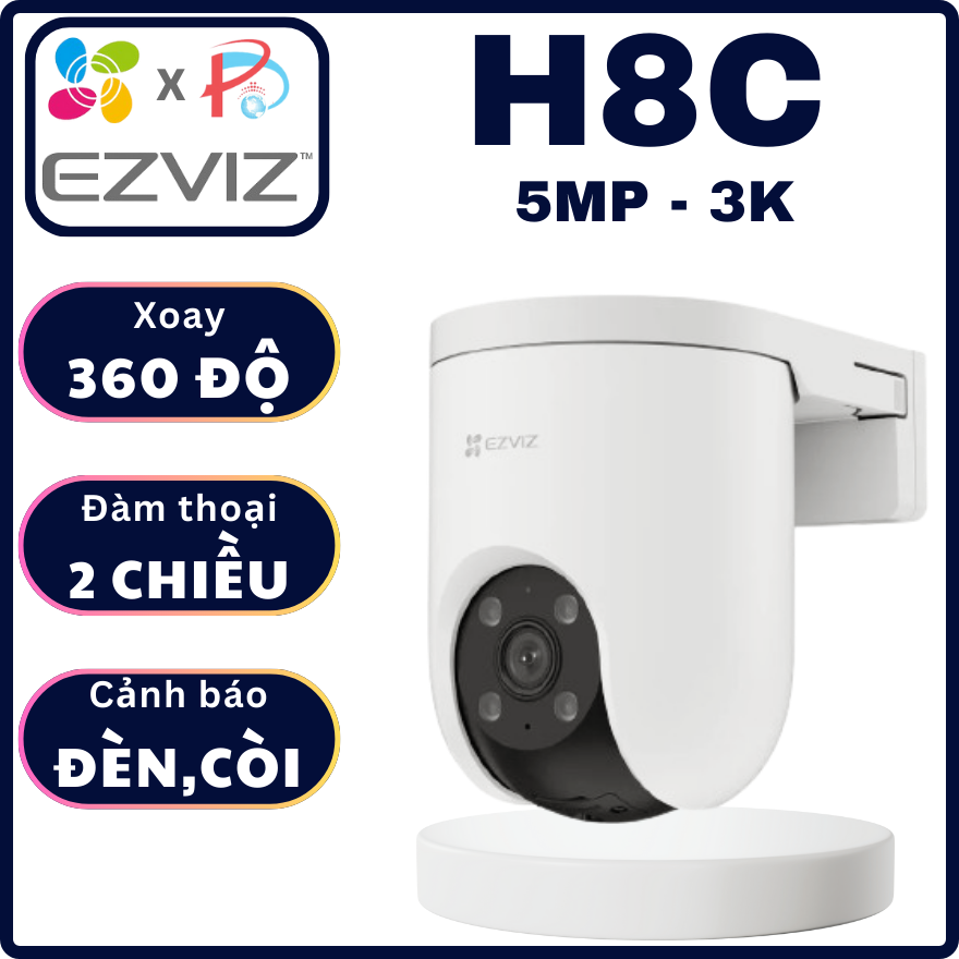 CAMERA IP WIFI EZVIZ H8C 5MP 3K - Xoay 360 Độ + Đàm Thoại 2 Chiều + Phát hiện dáng người + Cảnh báo bằng còi và đèn chớp
