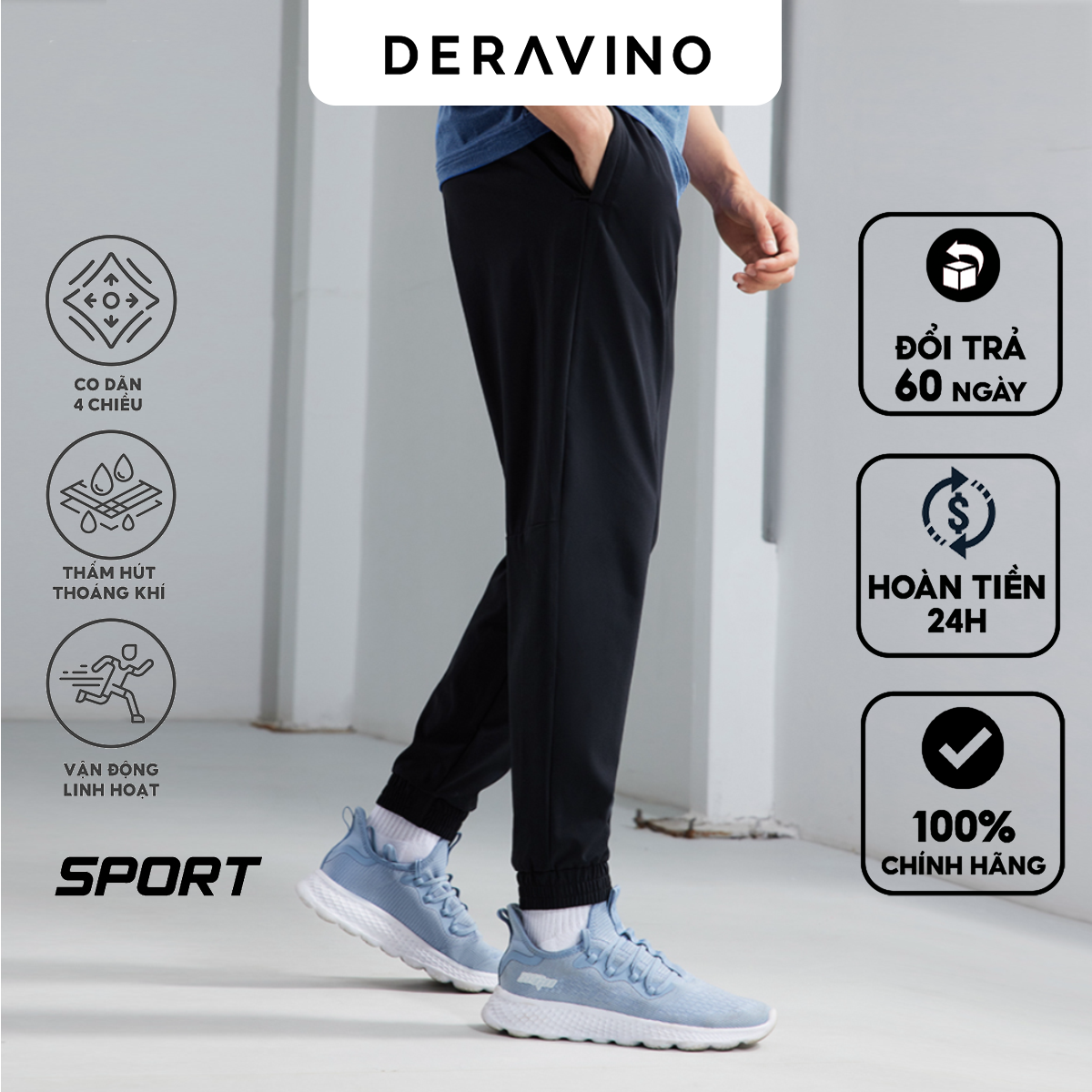 Quần dài nam Jogger, Kiểu dáng thể thao, Chất gió mềm mịn không bai xù, thiết kế cạp và gấu quần chun cực trẻ trung từ Deravino GDC02