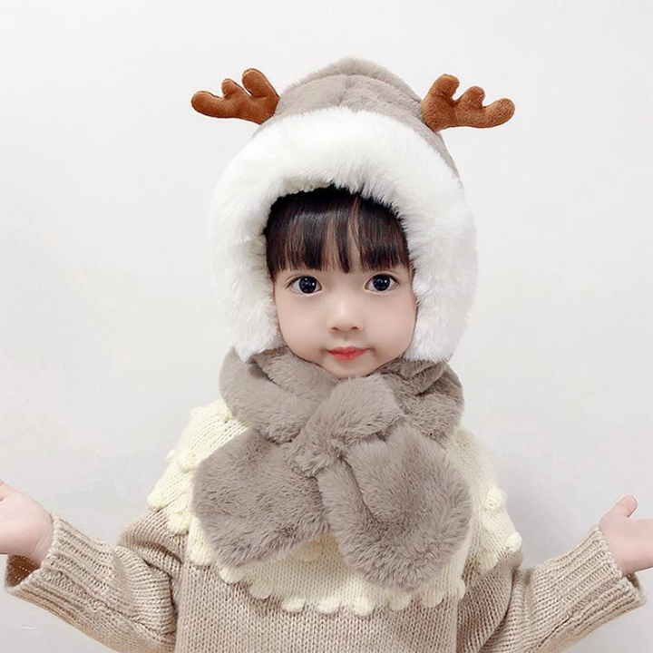 Mũ len lông cừu sừng Hươu choằng cổ siêu ấm, siêu mịn cho bé-Nón len lông cừu dễ thương