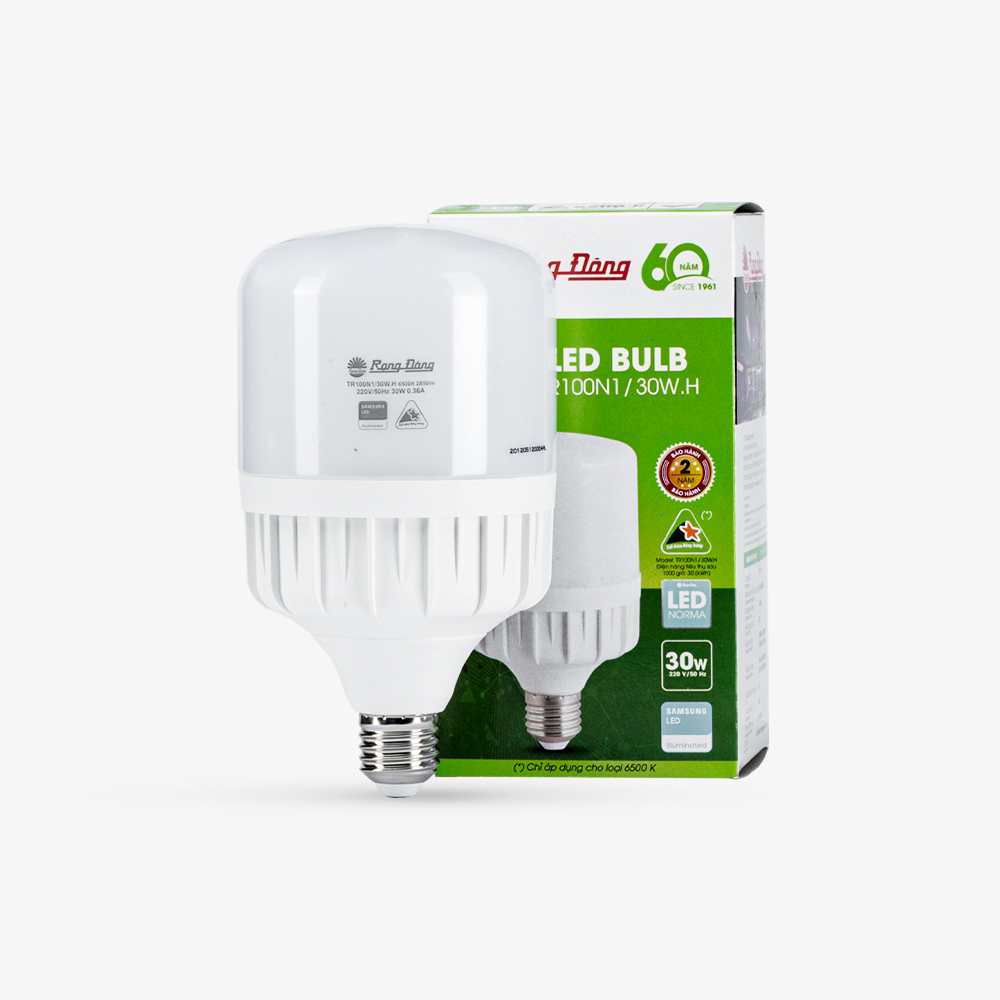 Bóng đèn led trụ rạng đông tr100n1/30w e27 ánh sáng trắng 6500k, chip samsung