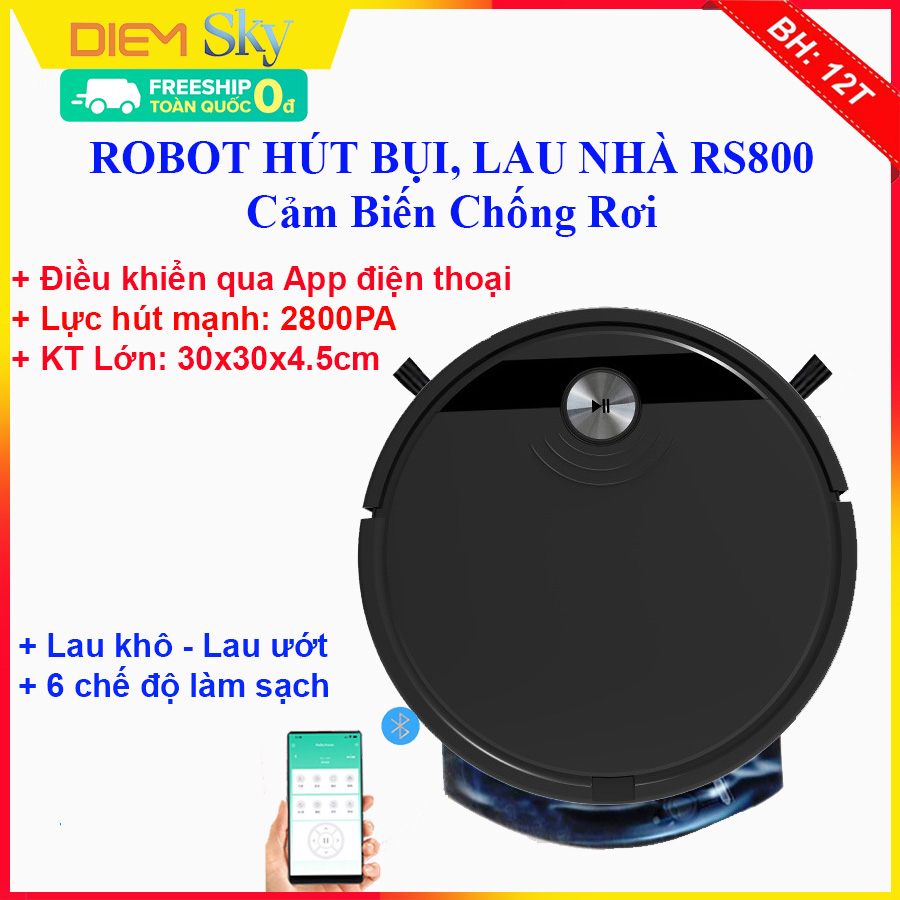 Robot hút bụi lau nhà RS800 cao cấp. Robot lau nhà có cảm biến chống rơi, điều khiển APP điện thoại, lực hút mạnh như máy hút bụi cầm tay