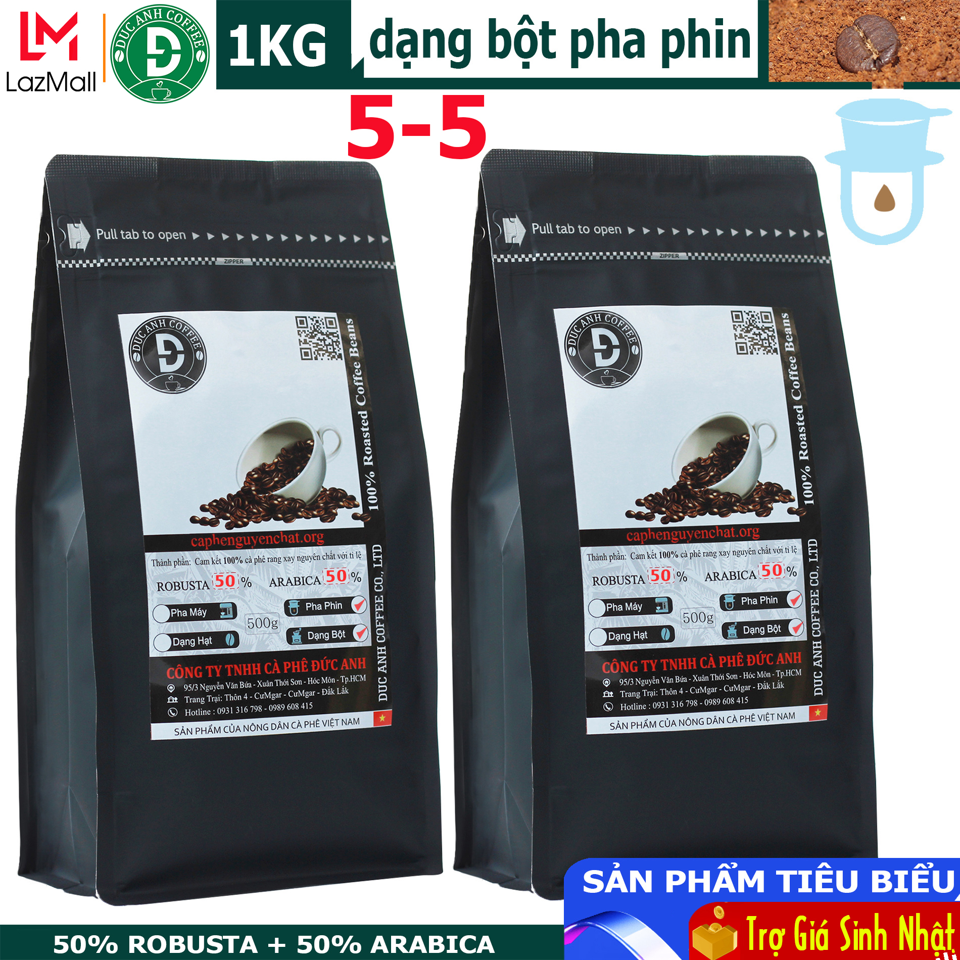   Trợ giá  1kg Cà Phê rang mộc nguyên chất DUC ANH COFFEE D55  50% Robusta + 50% Arabica  -  pha phin - DUC ANH COFFEE- cafe Đức Anh 