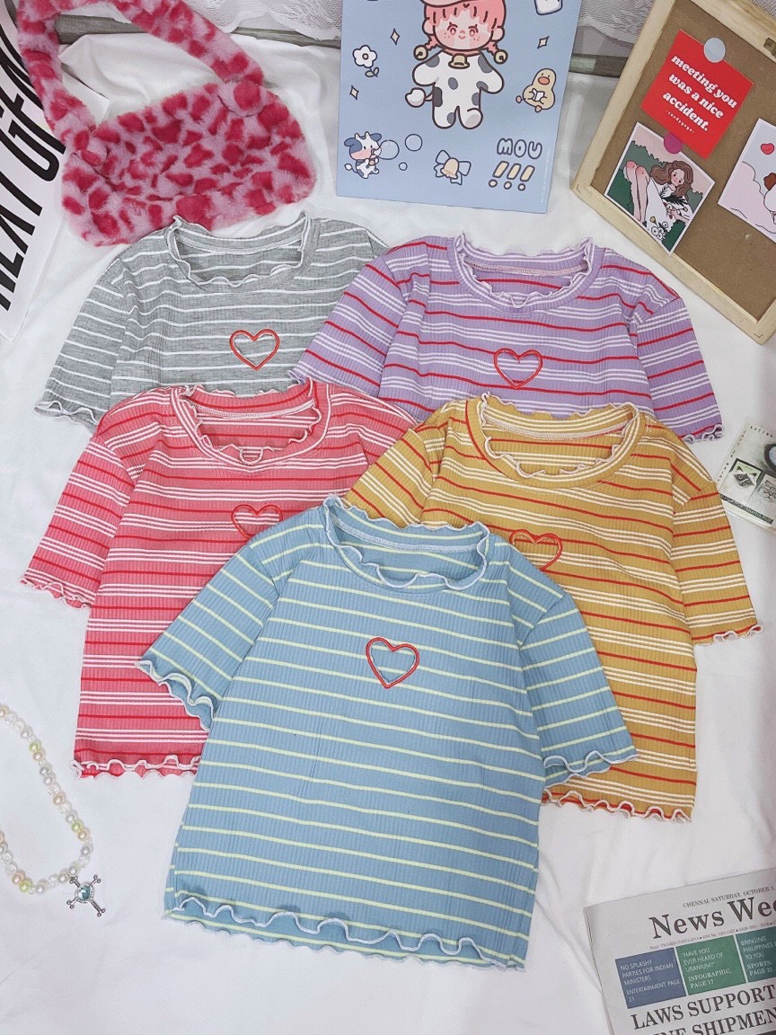 Áo croptop cut out tim cute sọc ngang xinh xắn chất thun gân mịn mềm