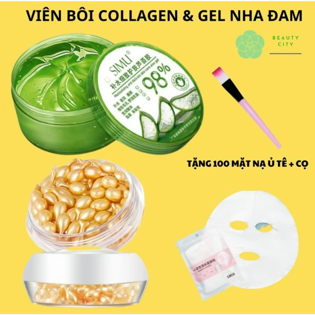 Set trì hoãn lão hóa, Căng trẻ da dưỡng da viên collagen và gel nha đam tặng kèm 100 mặt nạ ủ và cọ 