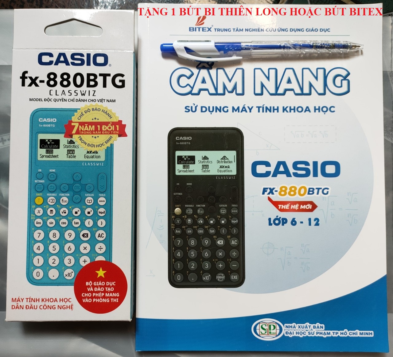 Combo máy tính casio 880btg xanh và cẩm nang hdsd