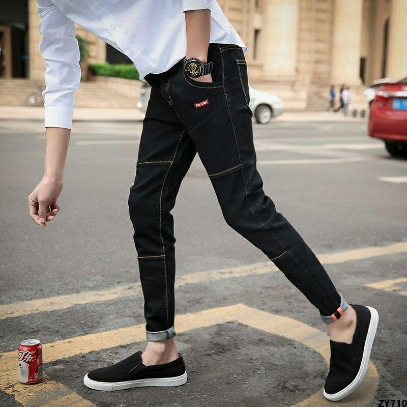 Quần Jean Quần Dài Quần Jean Ống Nhỏ Phong Cách Hàn Quốc 100 Co Giãn Size Lớn 9 Phân Mùa Xuân Hè Phối Màu Đen Ôm Dáng Nam
