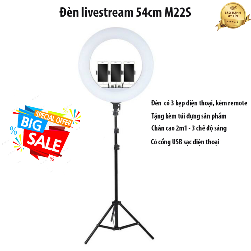 Đèn livestream 54cm M22S - 3 Kẹp điện thoại Kèm remote Có túi đựng Chân cao 2m1 - 3 Chế độ sáng Có cổng USB sạc điện thoại Đèn Led Trợ Sáng Cho Studio Makeup Quay Phim Chụp ảnh Livetream Xăm Bigo Tiktok-cao cấp -( bảo hành 12 tháng )