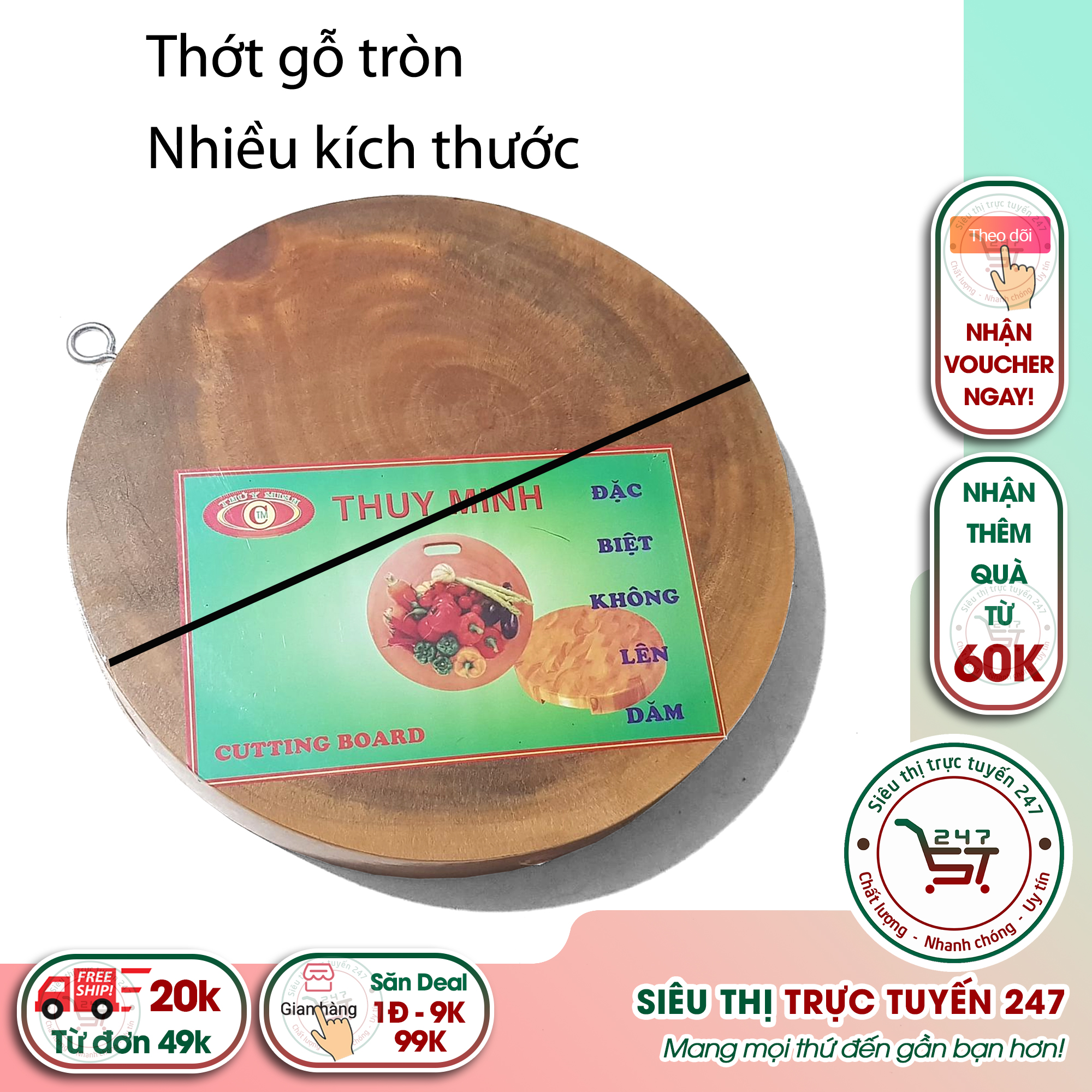 Tấm thớt gỗ tròn không lên dăm có móc treo dùng để chặt xương dễ dàng