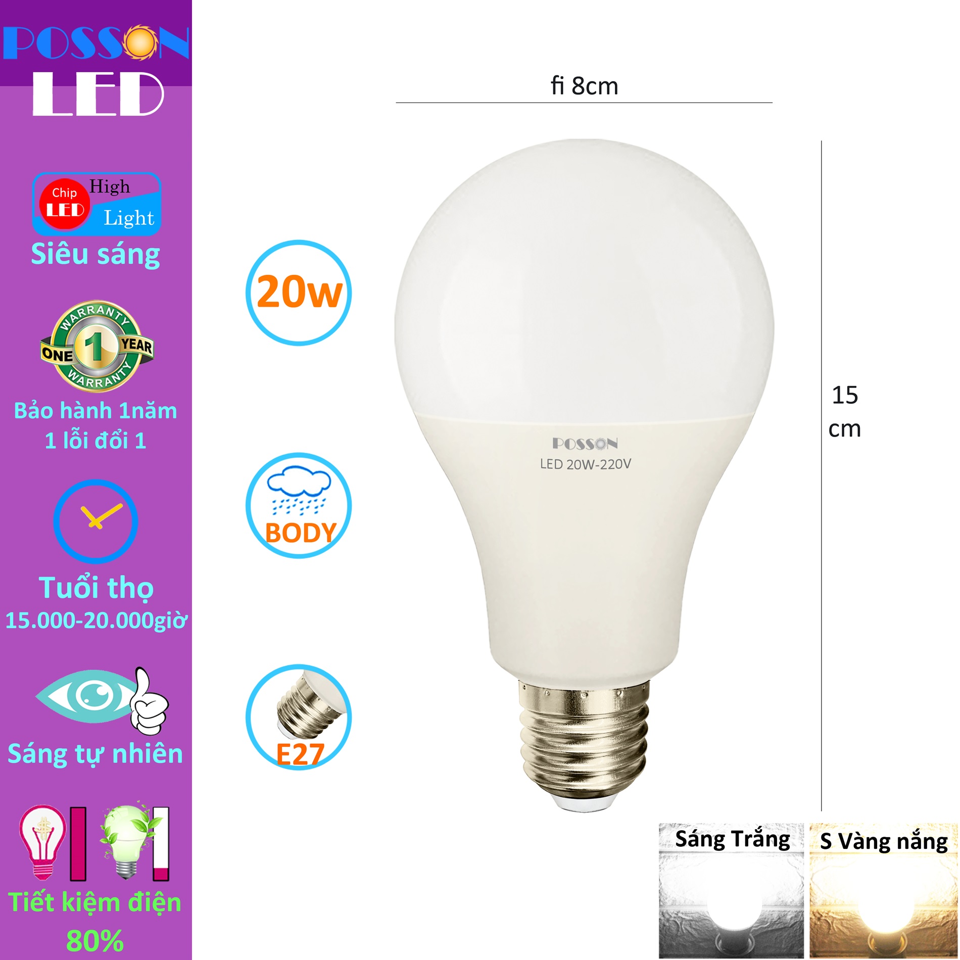 Combo 10 Bóng đèn Led 20w bup tròn A80 tiết kiệm điện siêu sáng thân kín chống nước mưa LB-20x