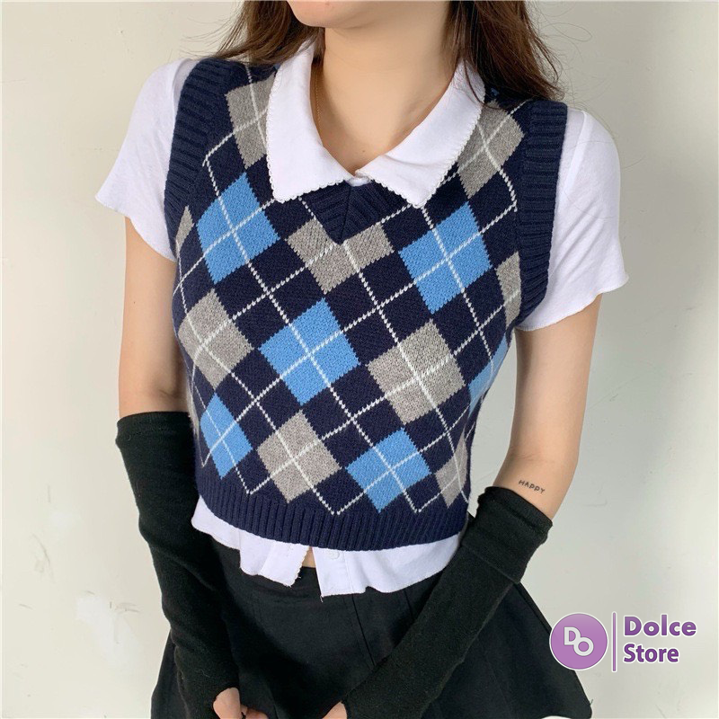 Áo gile nữ Dolce chất liệu len họa tiết kẻ caro phong cách Hàn Quốc - Len03