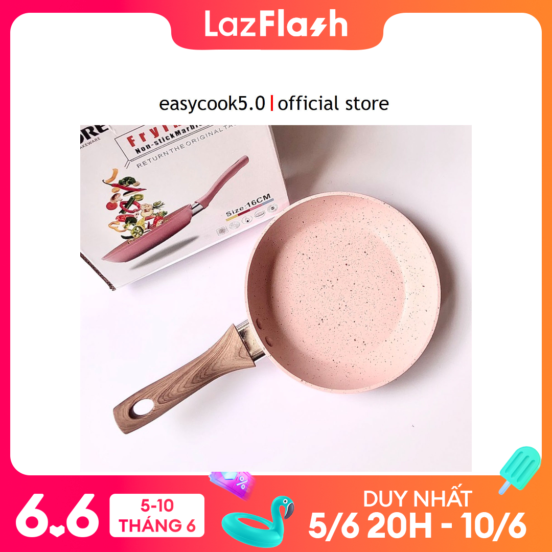 [HCM]Chảo chống dính đá hoa cương 16cm màu hồng siêu đẹp cán gỗ cao su cao cấp bền chắc dùng cho bếp từ bếp ga bếp điện bếp hồng ngoại đều được