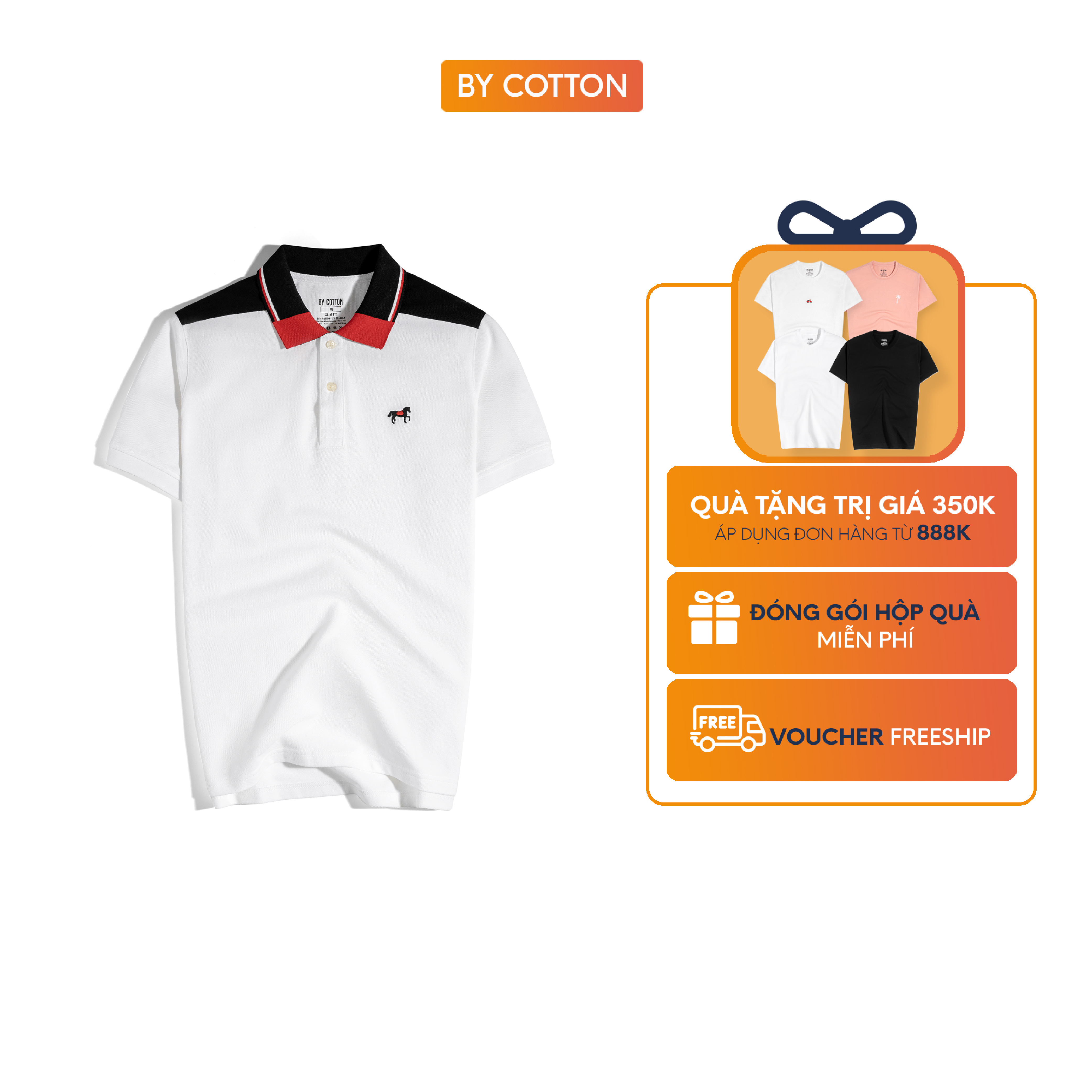 Áo thun polo nam cao cấp màu trắng phối vai đen thêu ngựa by cotton