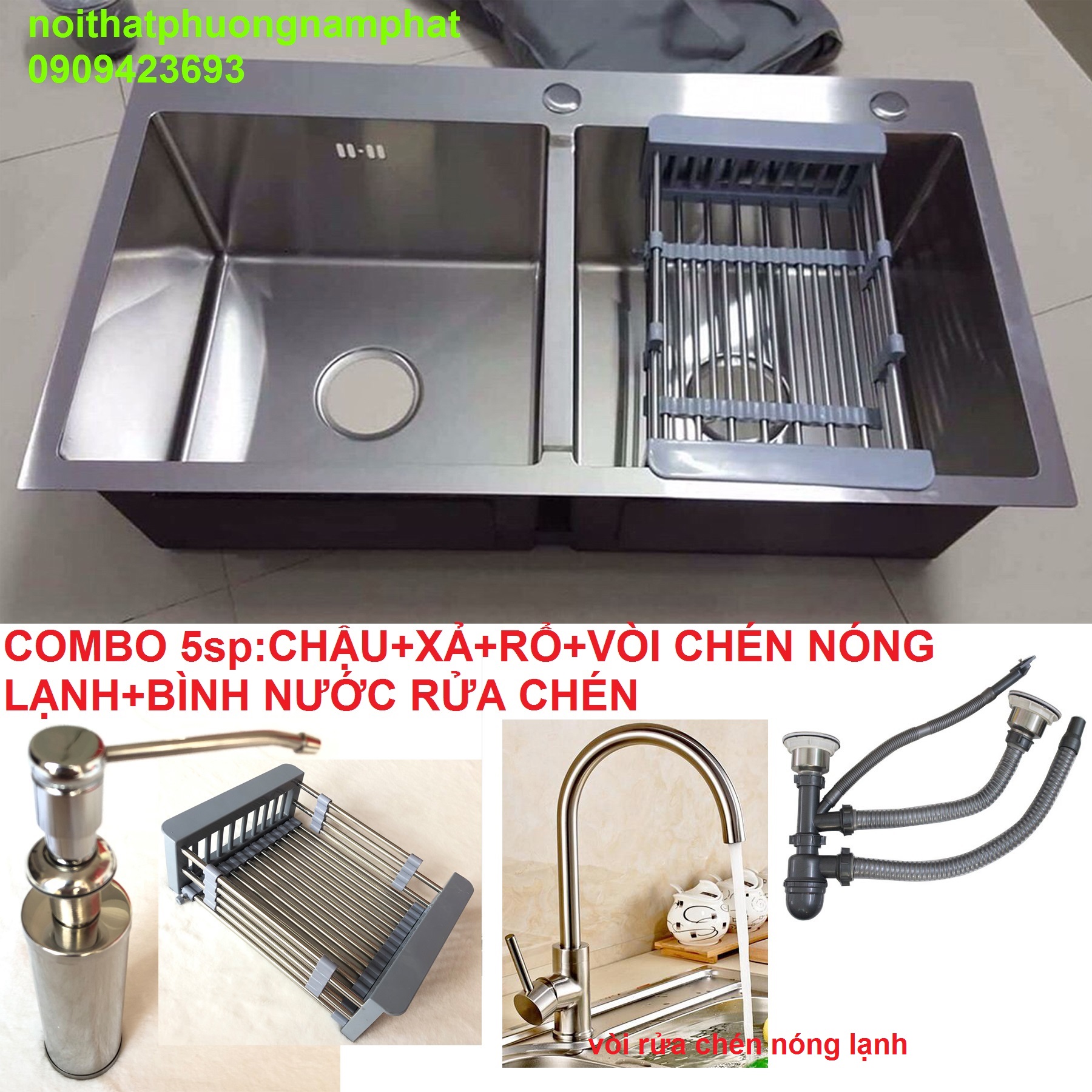 [HCM][CHẬU ĐÚC] Combo Chậu Rửa Chén Bát INOX 304 N5 8245 NA.GRAND và Xả Thoát Nước và Rổ Rút ĐA Năng Trái Cây và Vòi Rửa Chén Nóng Lạnh và Bình Nước Rửa Chén