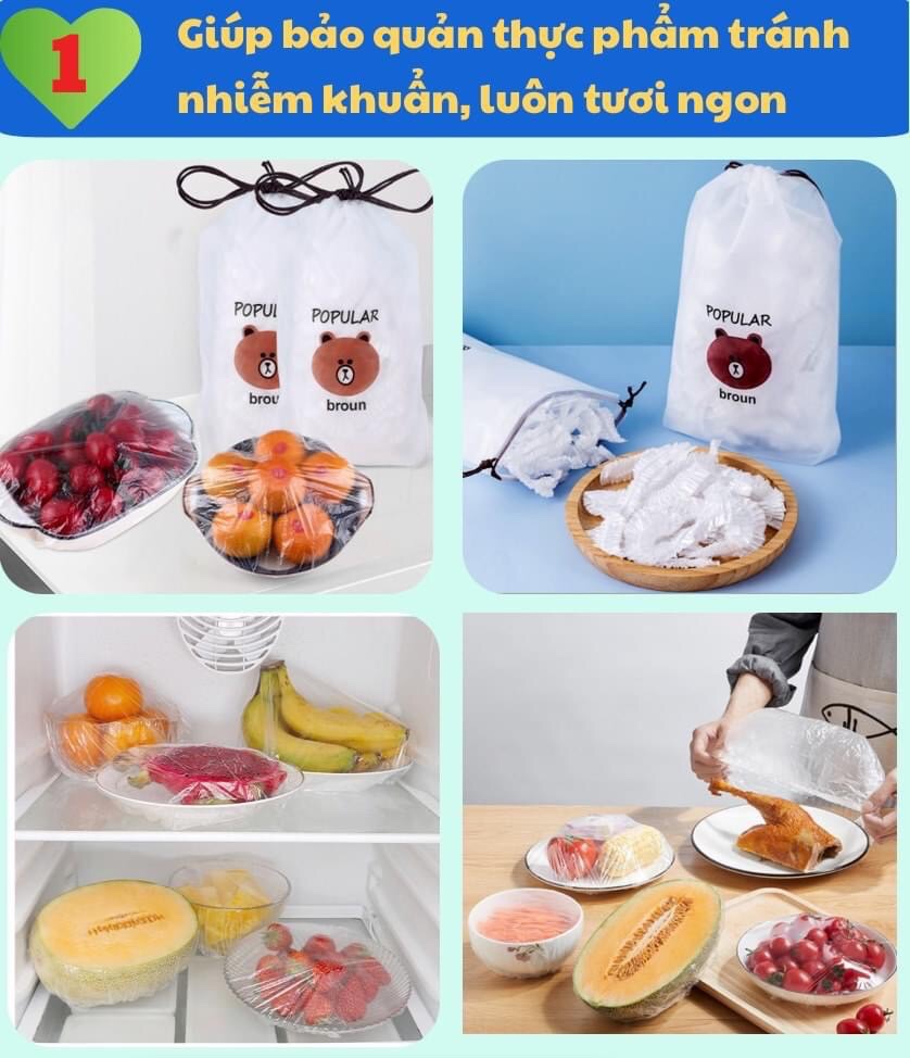 Combo 100 Màng Bọc Thực Phẩm Túi Hình Gấu (Có Chun Bọc Co Giãn Tái Sử Dụng)