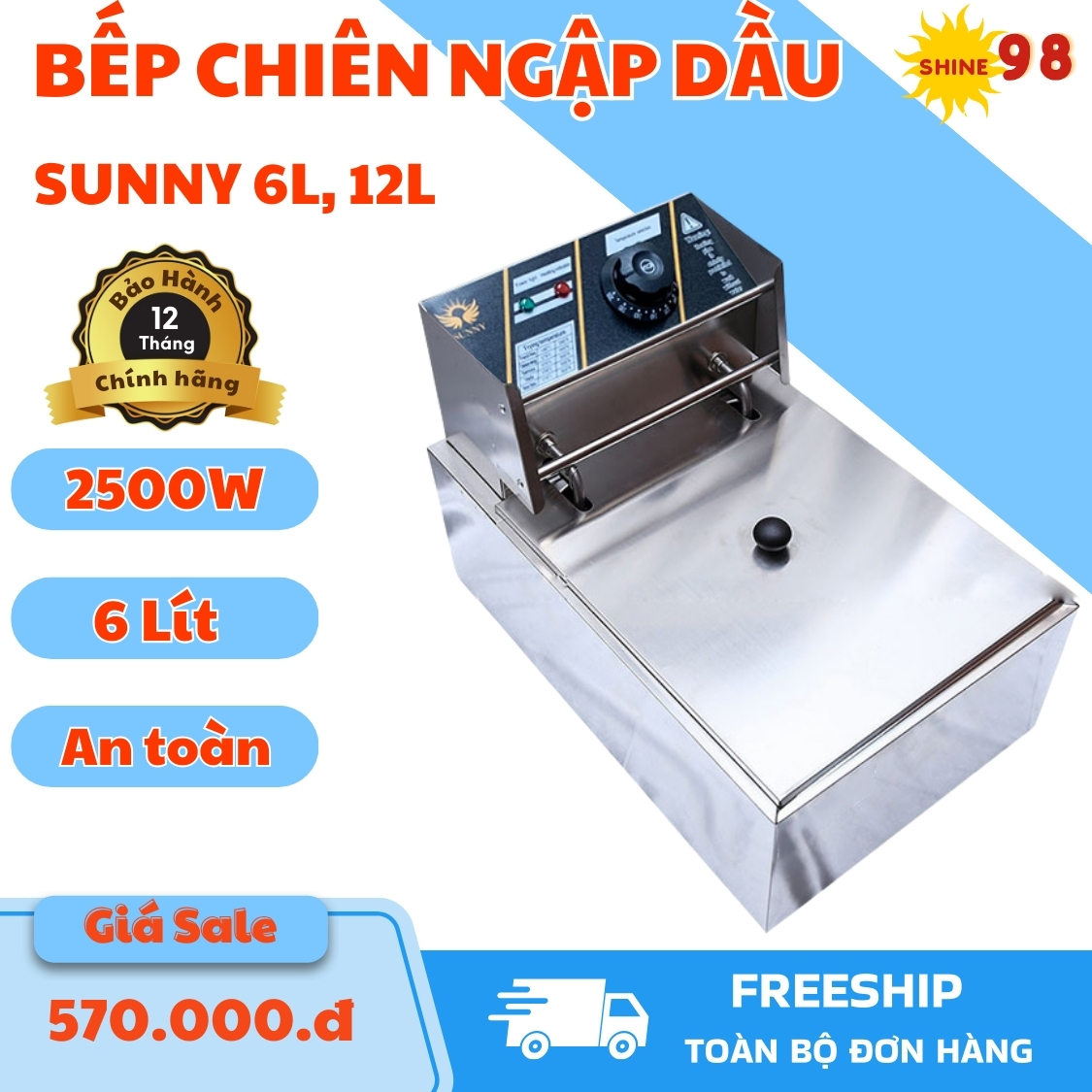 Bếp Chiên Nhúng ngập dầu Cao cấp SUNNY  Có Kèm Tay nắm chống nóng, Chiên Ngập Dầu 6L- Tại Shine 98