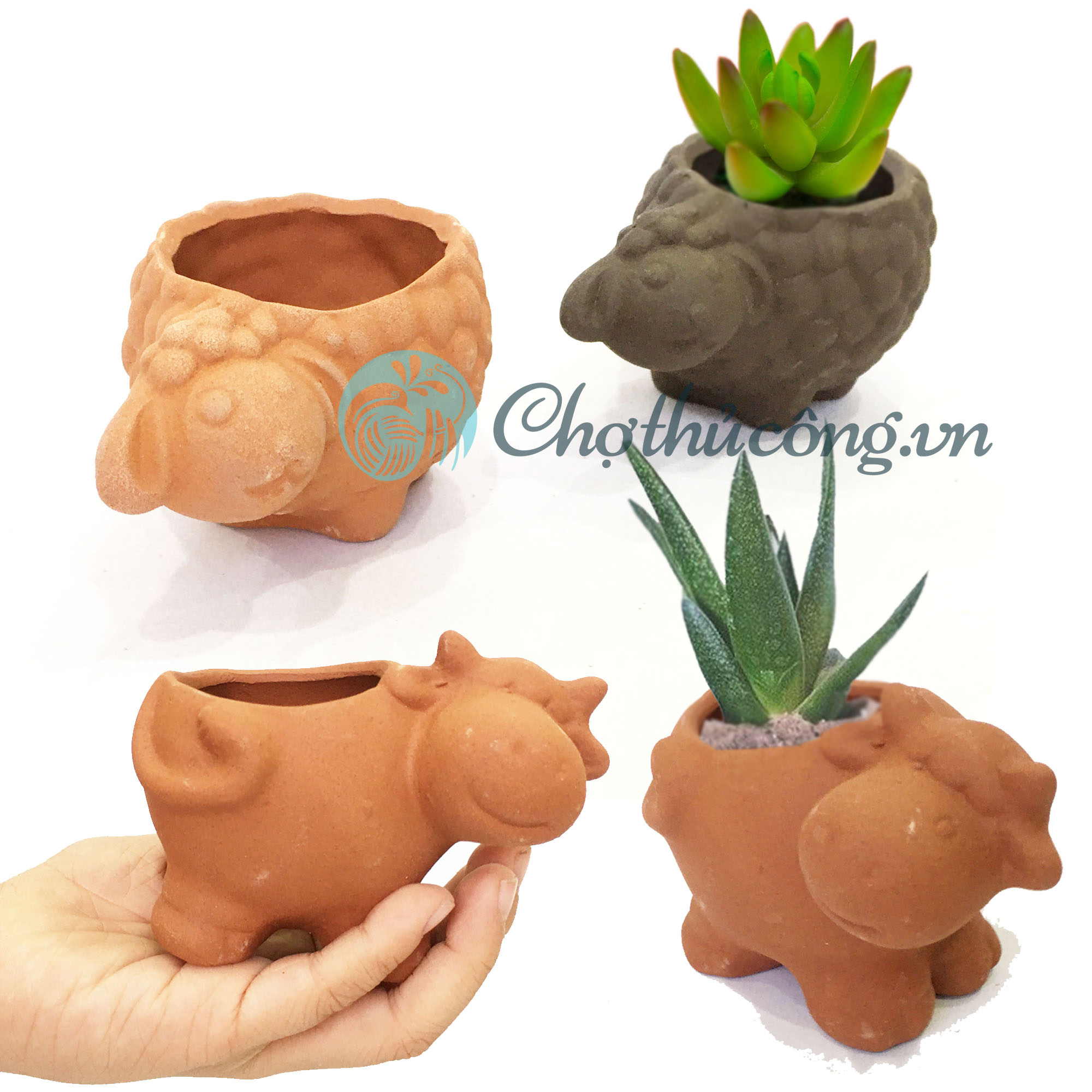 Chậu đất nung hình thú MINI - chậu bò và cừu có lỗ, xinh xắn, vintage làm chậu trồng bonsai, cây cảnh, sen đá, xương rồng