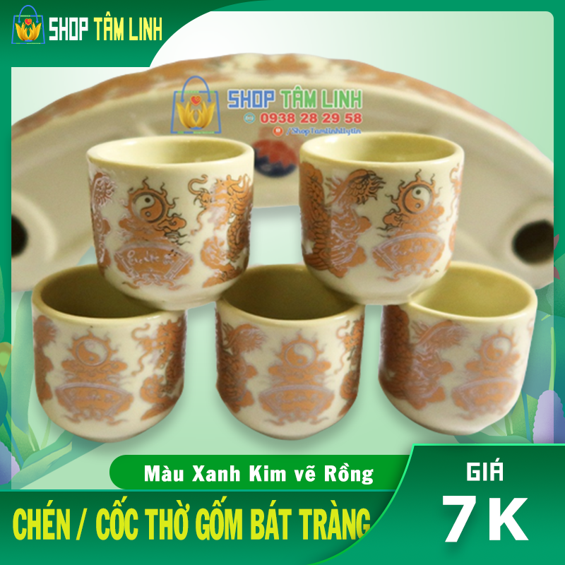 Chén thờ gốm sứ Bát Tràng màu vàng kim vẽ rồng chầu Phúc Lộc Thọ