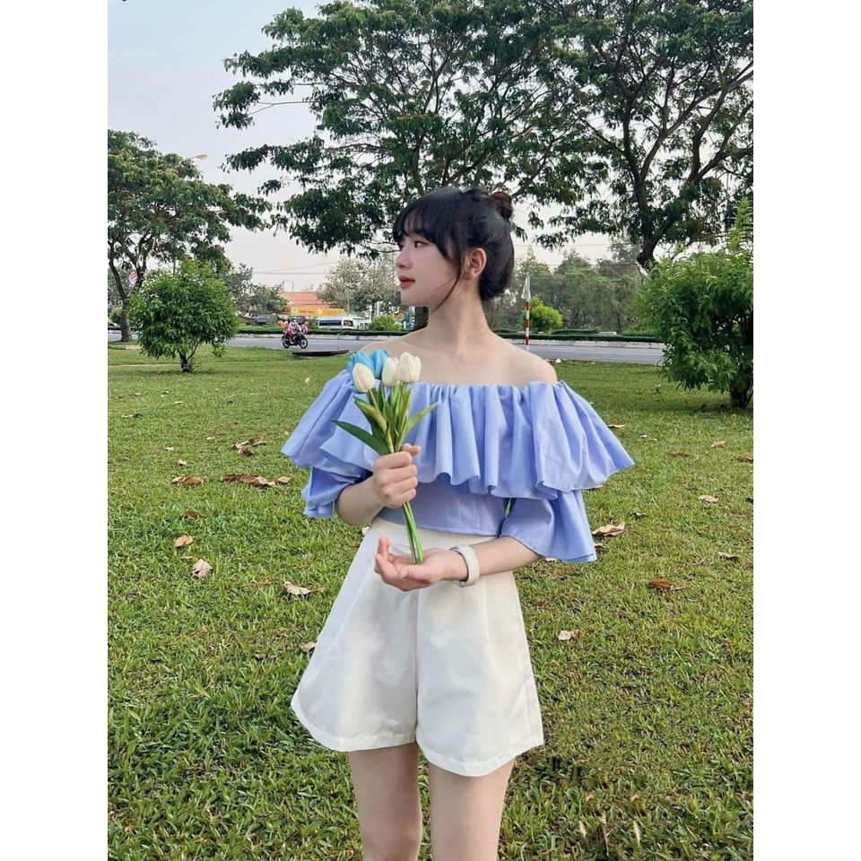 Áo trễ vai nữ tay ngắn trễ vai croptop phối bèo 1 tầng về nhiều màu hot trend