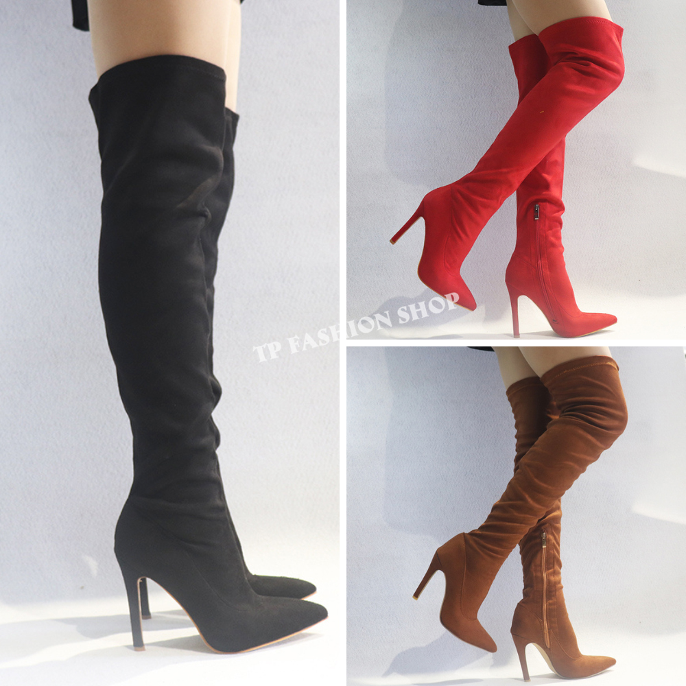 Giày boot nữ ống cao ngang đùi chất DA LỘN MỀM- ÊM gót nhọn 11cm 3 MÀU ĐEN/ ĐỎ/ NÂU cho NỮ TÍNH- HIỆN ĐẠI GCC04