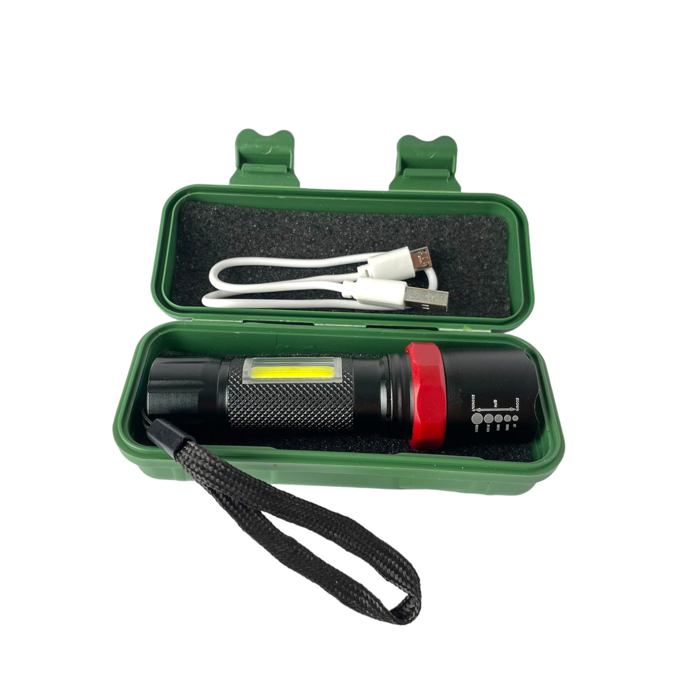 Đèn pin siêu sáng LED - Q5 , Đèn cạnh LED COB , Sạc usb 5 v Pin tích hợp - FULL hộp nhựa .