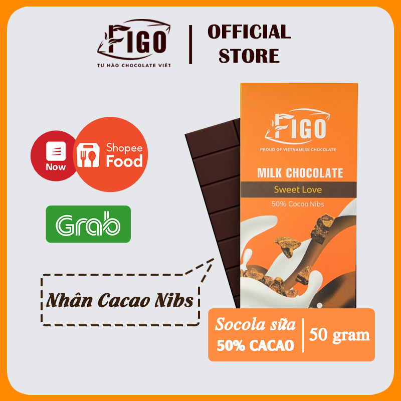 Milk chocolate figo kẹo socola sữa 50% cacao nhân cacao nibs thanh 50gr , ăn là nghiền, qùa tặng valentine