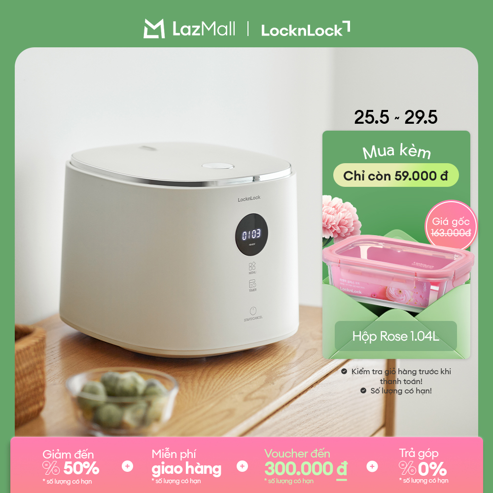Nồi cơm điện LockLock Bianco Nemo rice cooker 1.2L- Màu ngà EJR384IVY nấu đa năng 6 chế độ, giữ ấm 24h, màn hình LCD