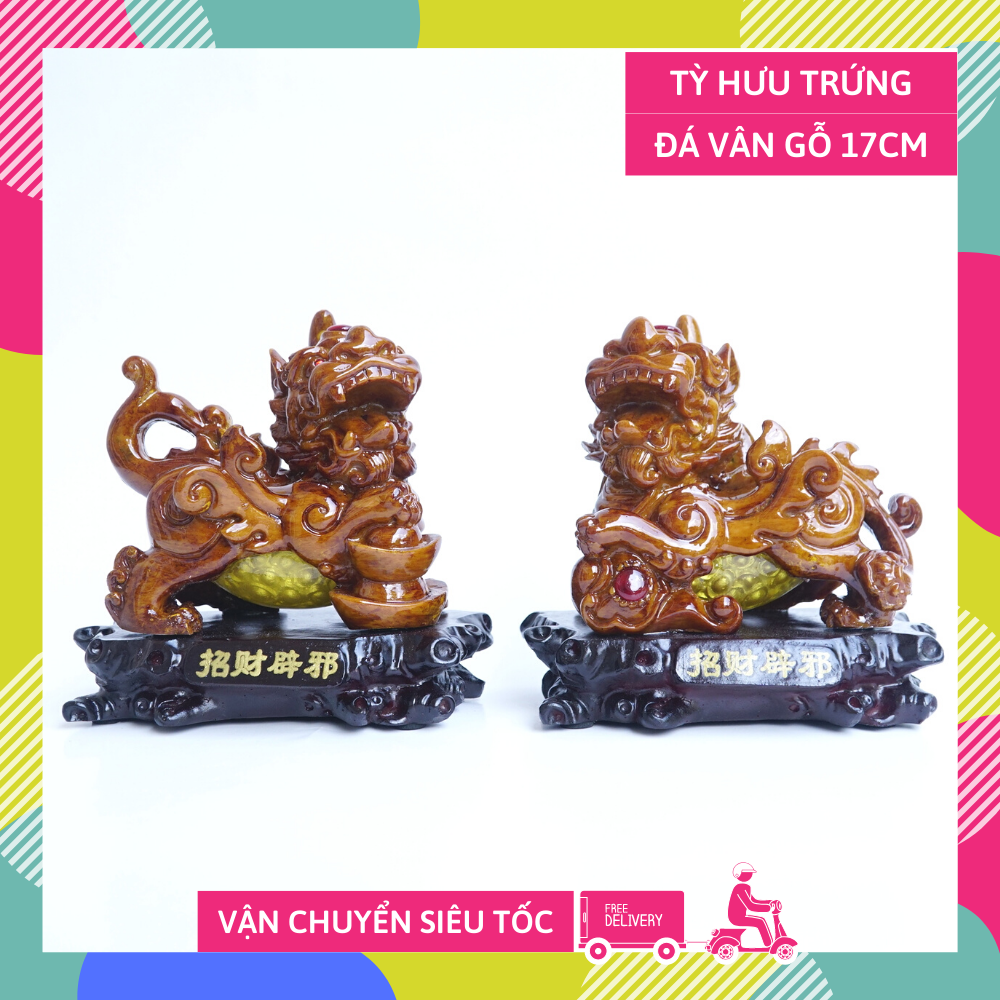 Cặp tượng tỳ hưu bụng trứng tài lộc sinh vượng khí vân gỗ - Cao 17cm tặng kèm khăn che mắt tượng và hướng dẫn khai quang