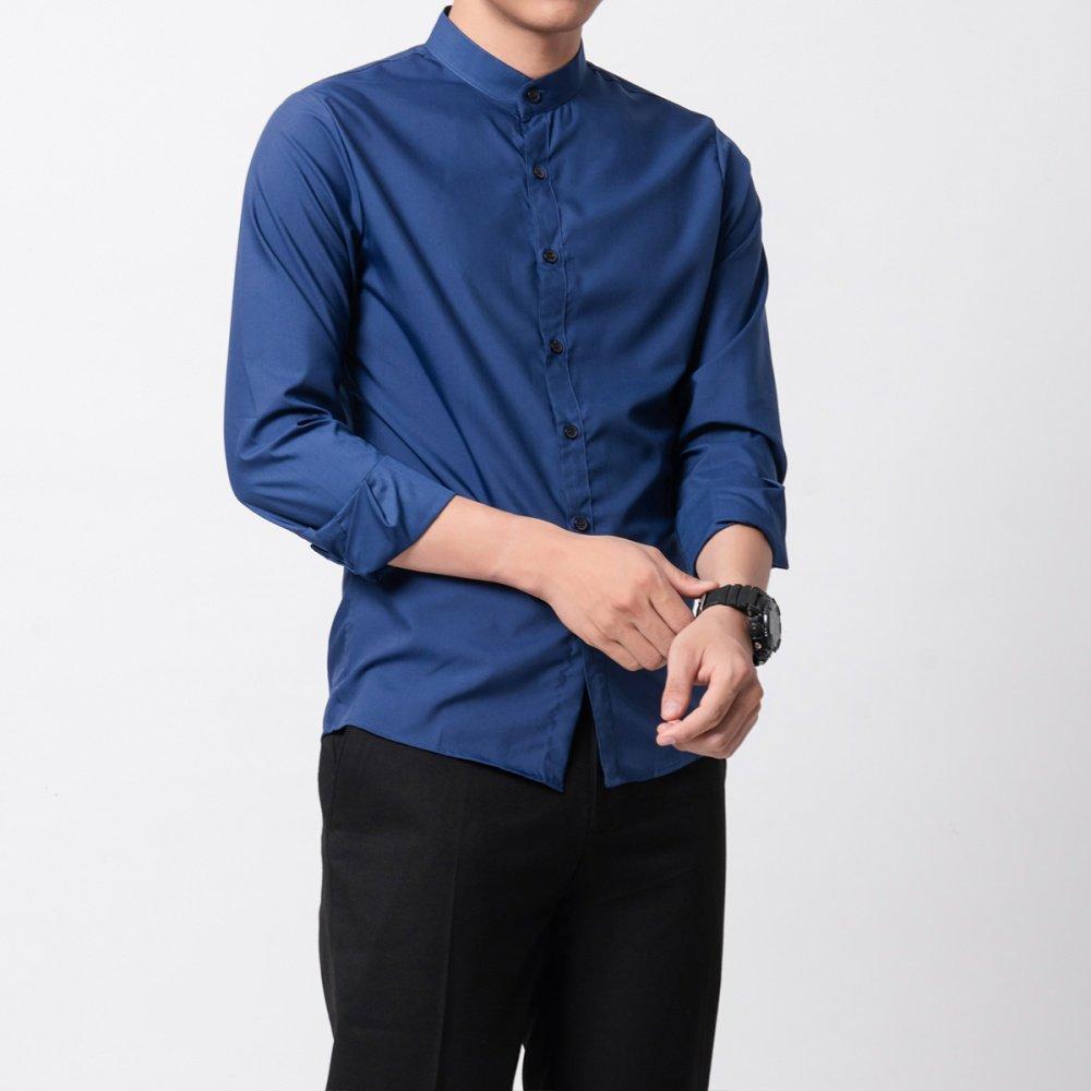 Ao so mi nam, sơ mi nam cổ Tàu Xanh Than, sơ mi cổ Trụ chất lụa chống nhăn Màu Xanh Than