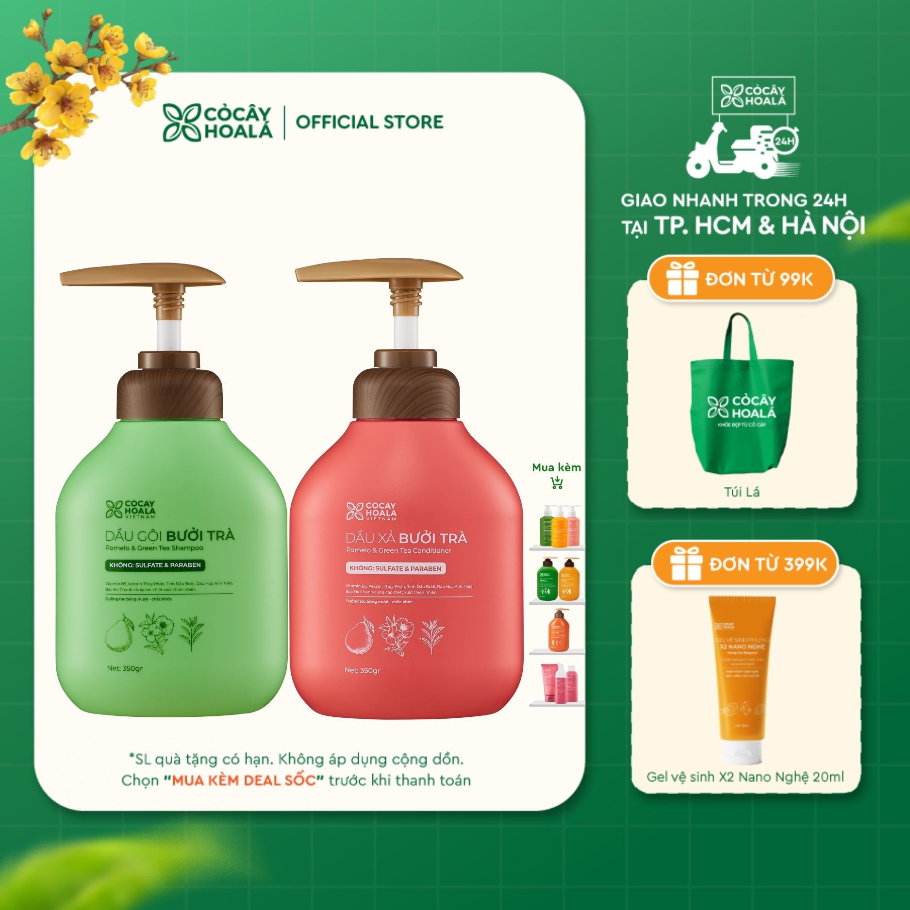  COMBO Dầu Xả Dầu Gội Bưởi Trà Cỏ Cây Hoa Lá VIETNAM Dưỡng Tóc Chắc Khỏe Mềm Mượt Tự Nhiên - Dung Tích 350g 