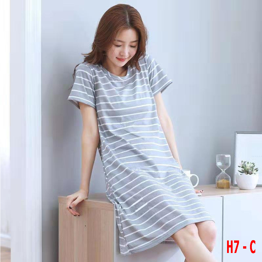 Váy mặc ở nhà cotton xinh cute thoáng mát đầm ngủ dễ thương kẻ sọc ngang H7