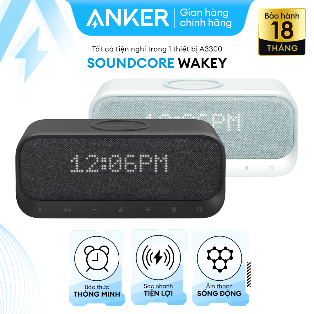 Loa bluetooth SOUNDCORE Wakey (by Anker) 10W kiêm Sạc nhanh không dây và Đồng hồ báo thức - A3300