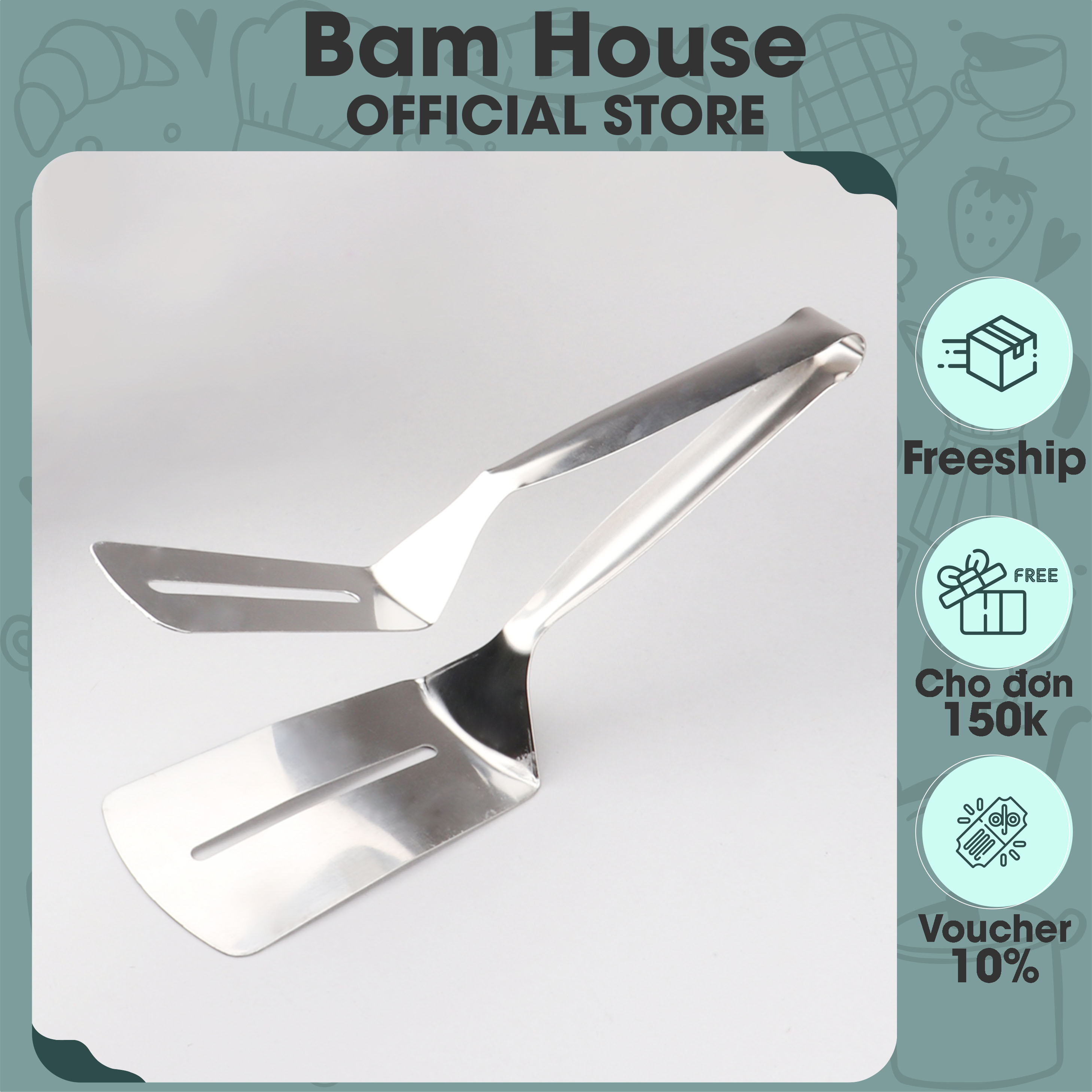 Dụng cụ kẹp lật thịt cá chiên inox Bam House loại lớn đa năng cao cấp LTC01 - Gia dụng bếp