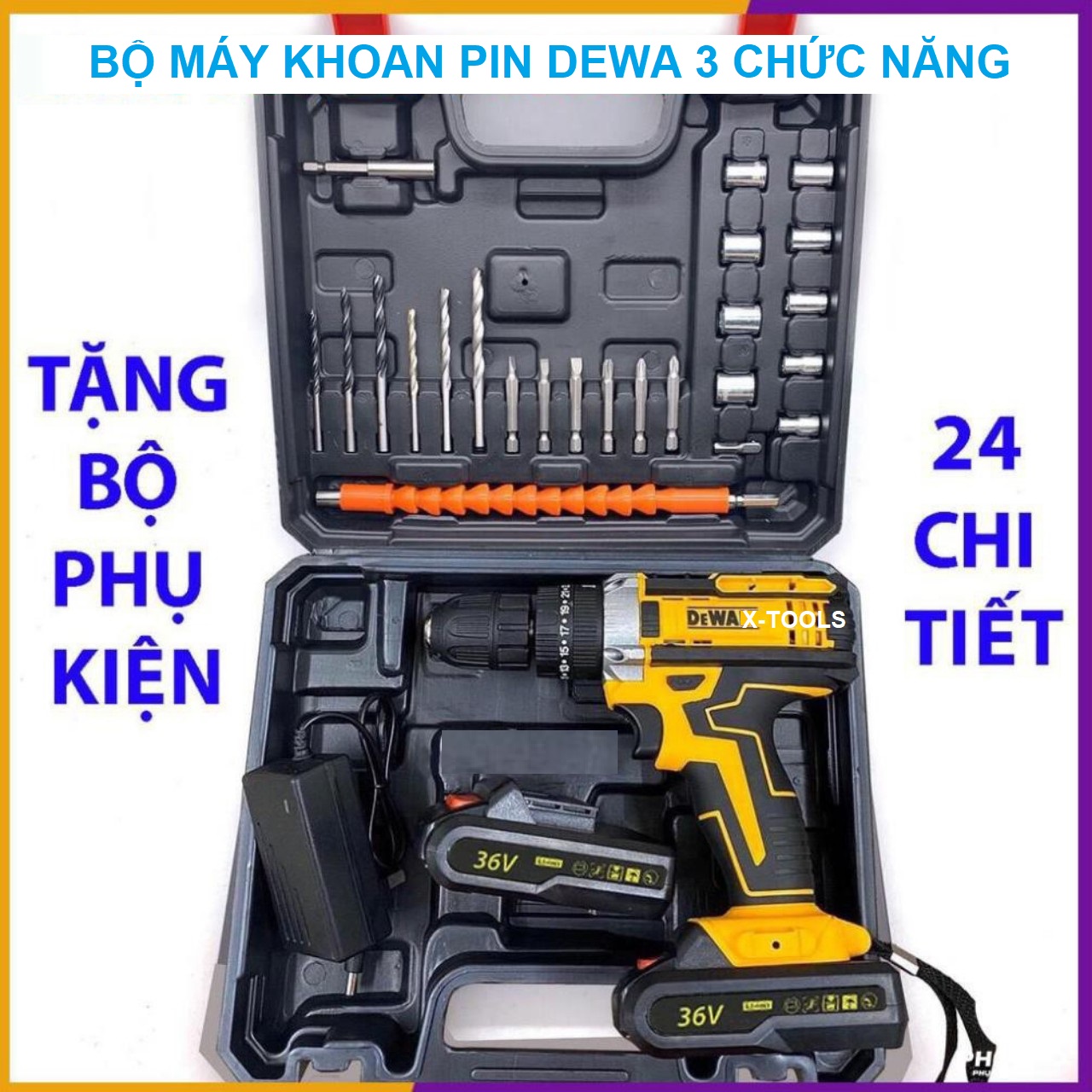 (HCM) Bộ Máy Khoan Pin DE.WAT 36V Ba Chức Năng Có Búa Bê Tông Full 2 Pin Tặng Kèm Vali Phụ Kiện 24 Chi Tiết Mũi Khoan Mũi Vít Tiện Dụng - Máy Khoan Cầm Tay Nhỏ Gọn Tiện Dụng