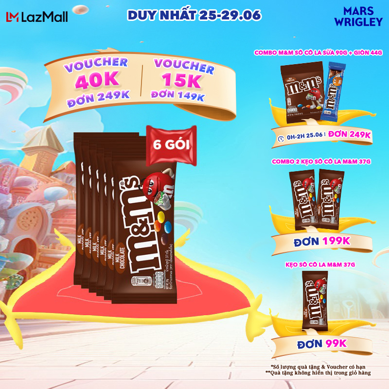 [CHỈ 25-29.06 - MUA 1 ĐƯỢC 3 từ 99K - SLCH] Combo 6 gói Kẹo Sô Cô La Sữa M&M'S 37g