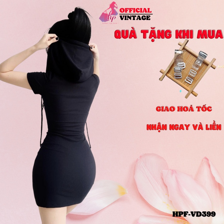 Đầm body nữ phối nón, váy tay ngắn sang chảnh tôn dáng dự tiệc màu đen VD399