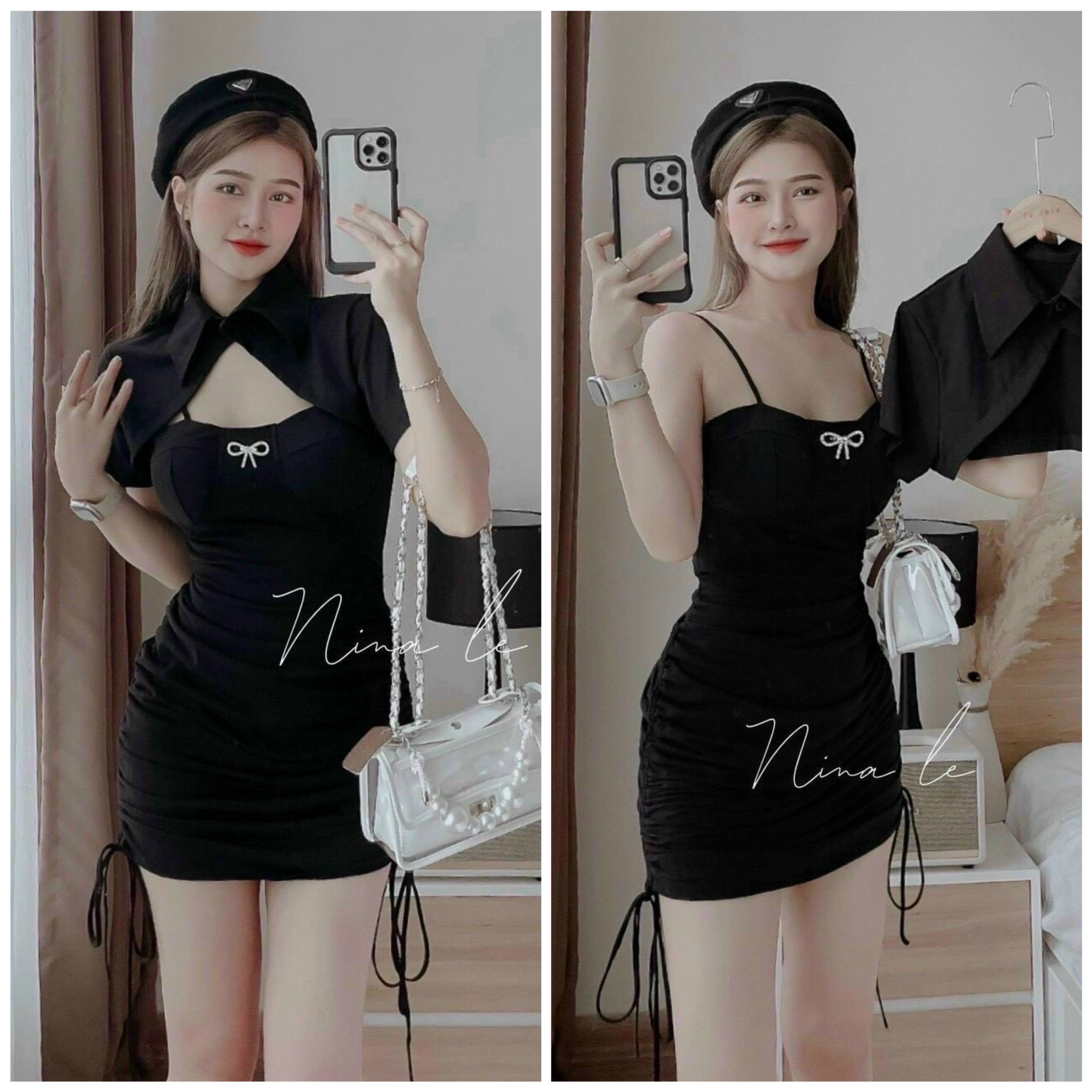 Set đầm body hai dây kèm áo sơ mi cách điệu khoác ngoài cực sang chảnh thời trang nữ tiểu thư sang chảnh lịch sự