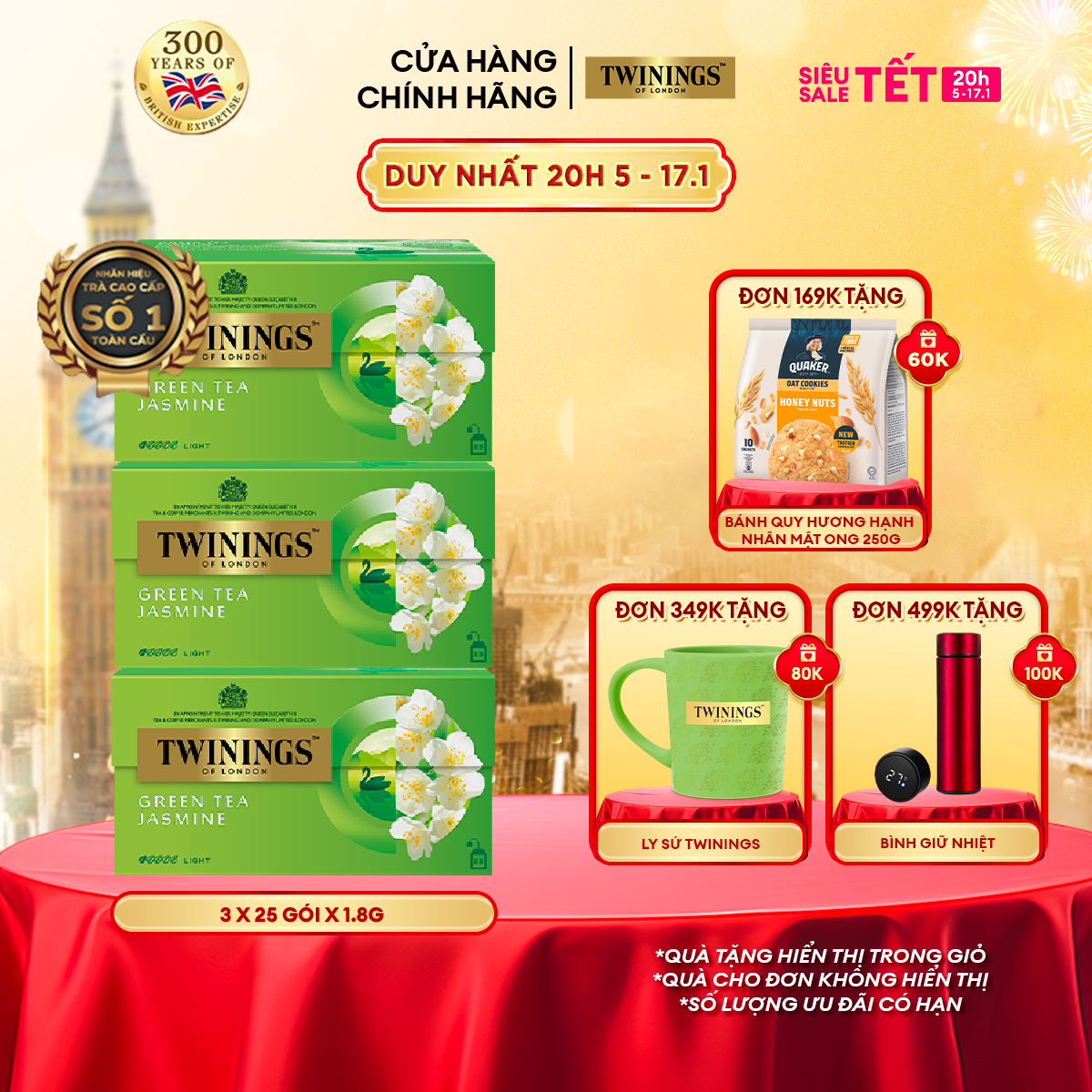 Combo 3 Trà xanh Túi Lọc Hương Hoa Nhài Twinings Green Tea Jasmine - Hộp 25 Gói 1.8G