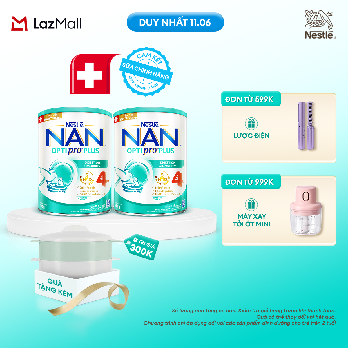 [Chỉ 11.06 QT Đơn 599K/999K/1299K][Tặng Xửng hấp] Bộ 2 Lon Sữa bột Nestlé NAN OPTIPRO PLUS 4 với 5HMO xuất xứ Thụy Sĩ  - Hộp 800g cho bé từ 2-6 tuổi - Sữa công thức dinh dưỡng cho trẻ giúp hỗ trợ tiêu hóa, đề kháng, trí não và phát triển toàn diện