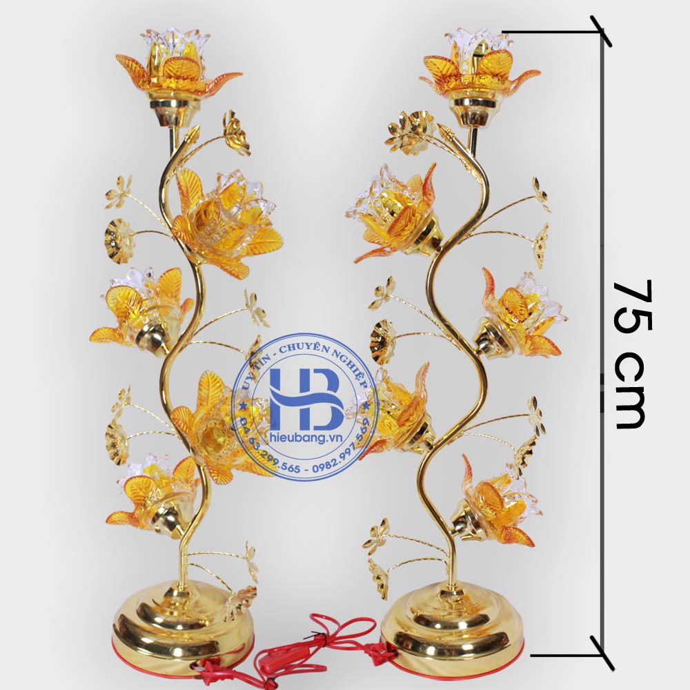 Bộ 2 cây đèn thờ hoa sen 5 bông thủy tinh pha lê cao cấp cao 75cm-đèn ban thờ đẹp giá rẻ