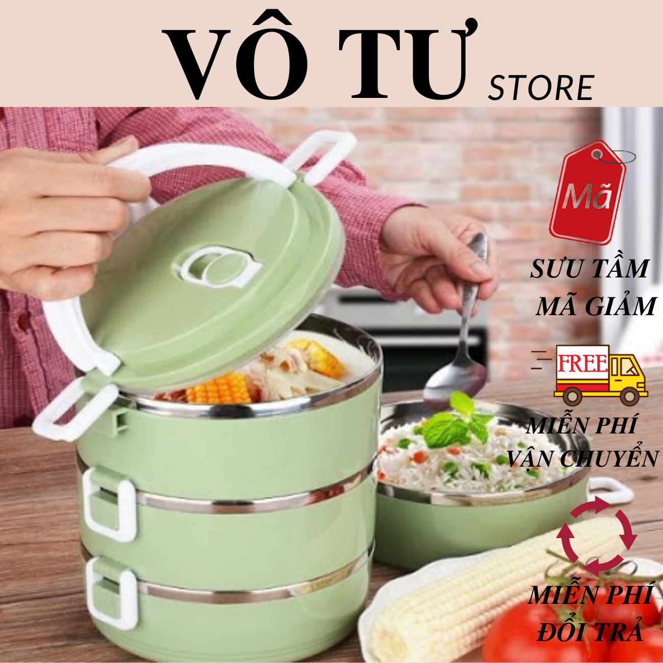 Hộp đựng cơm giữ nhiệt 3-4 tầng size lớn nhiều ngăn ruột inox có quai xách tiện lợi cao cấp